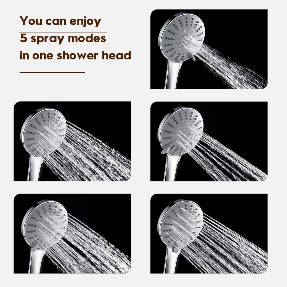 Decaura 5-Mode Handheld Shower Head round with 150Cm Shower Hose High-Pressure Spray Massage Chrome
