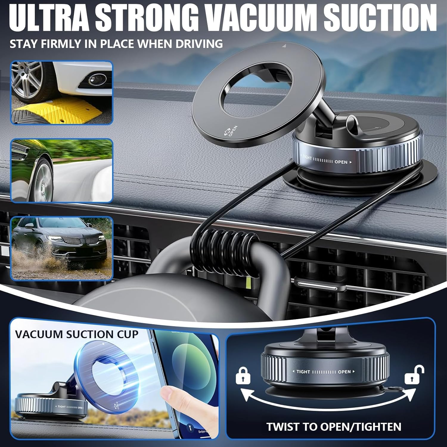 Car Phone Holder,360&deg; Magnetic Car Phone Holder Mount - Super Strong Vacuum Suction, Foldable & Adjustable for Most Mobile Phones, Dashboard/Windshield/Gym Use (Color：Black) image number 2