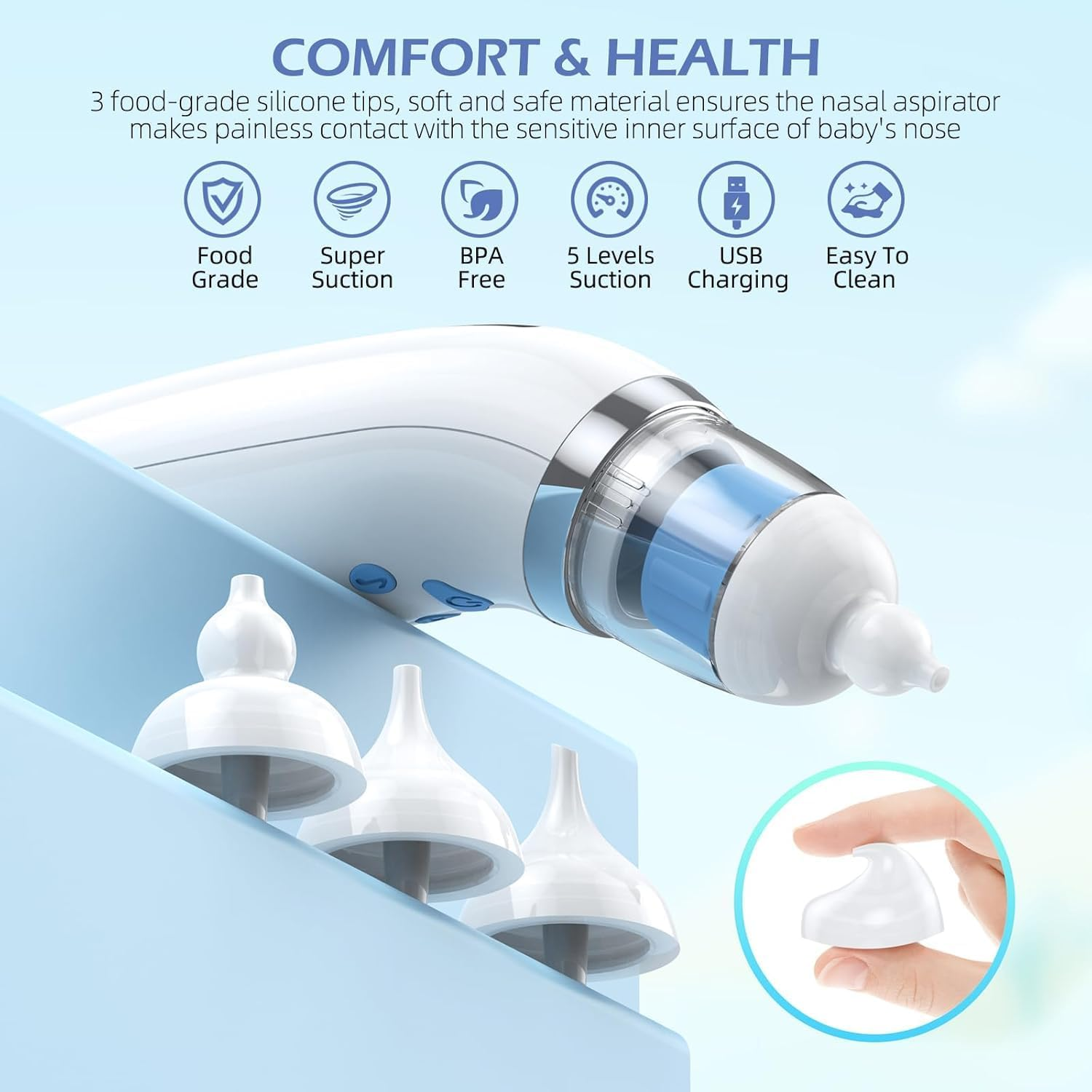 Nasal Aspirator for Baby, Electric Baby Nose Sucker with 5 Levels Suction, Automatic Nose Cleaner with 3 Silicone Tips, Nose Aspirator with Music Soothing Function & Light