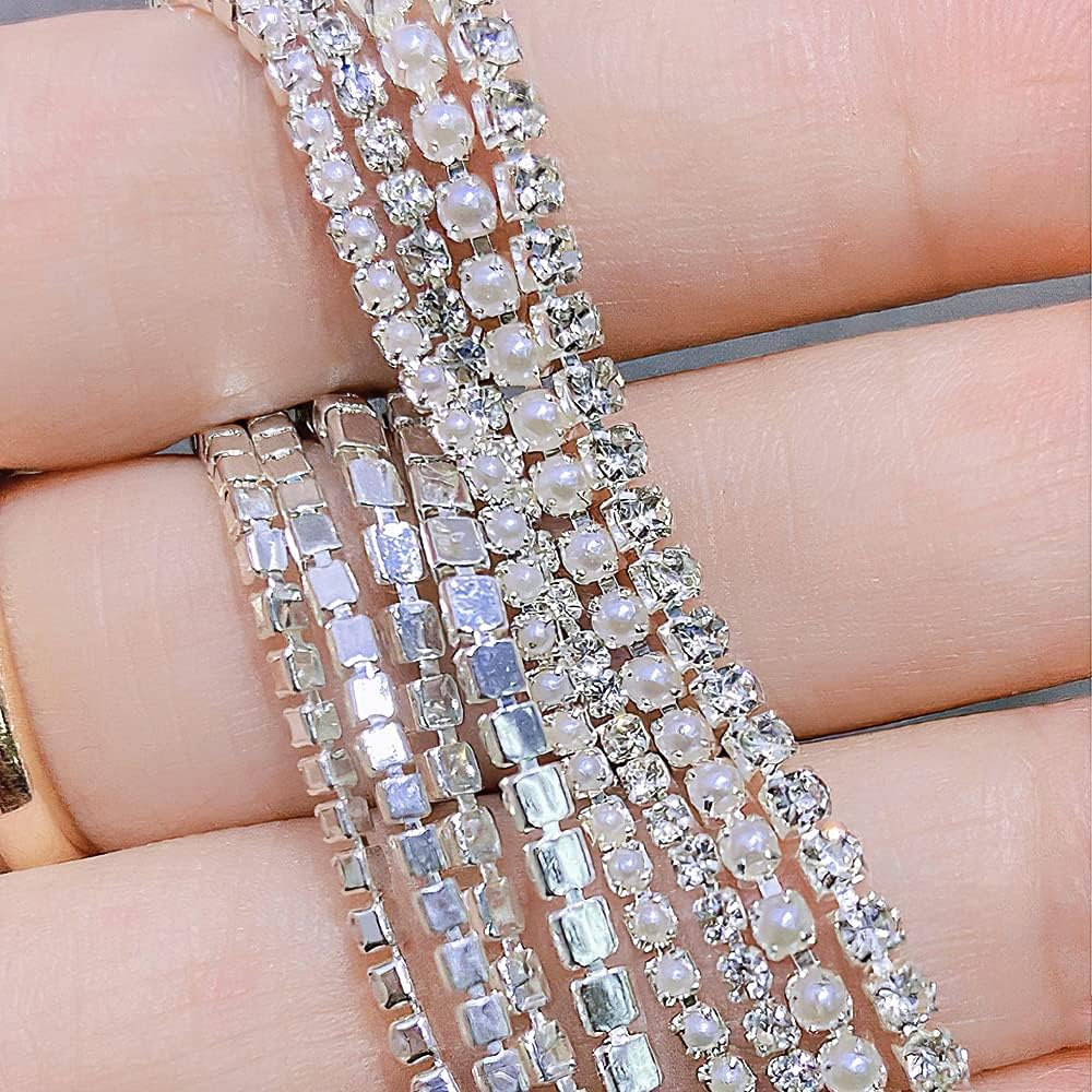 3D AB Rhinestone Chain Nail Art Studs Crystal Diamond Chain Pearl Chain Nail Decoration Metallic Chains Alloy Punk Pendant Ornaments for Nail Art Decoration & DIY Crafting Design (6 Pcs) image number 5