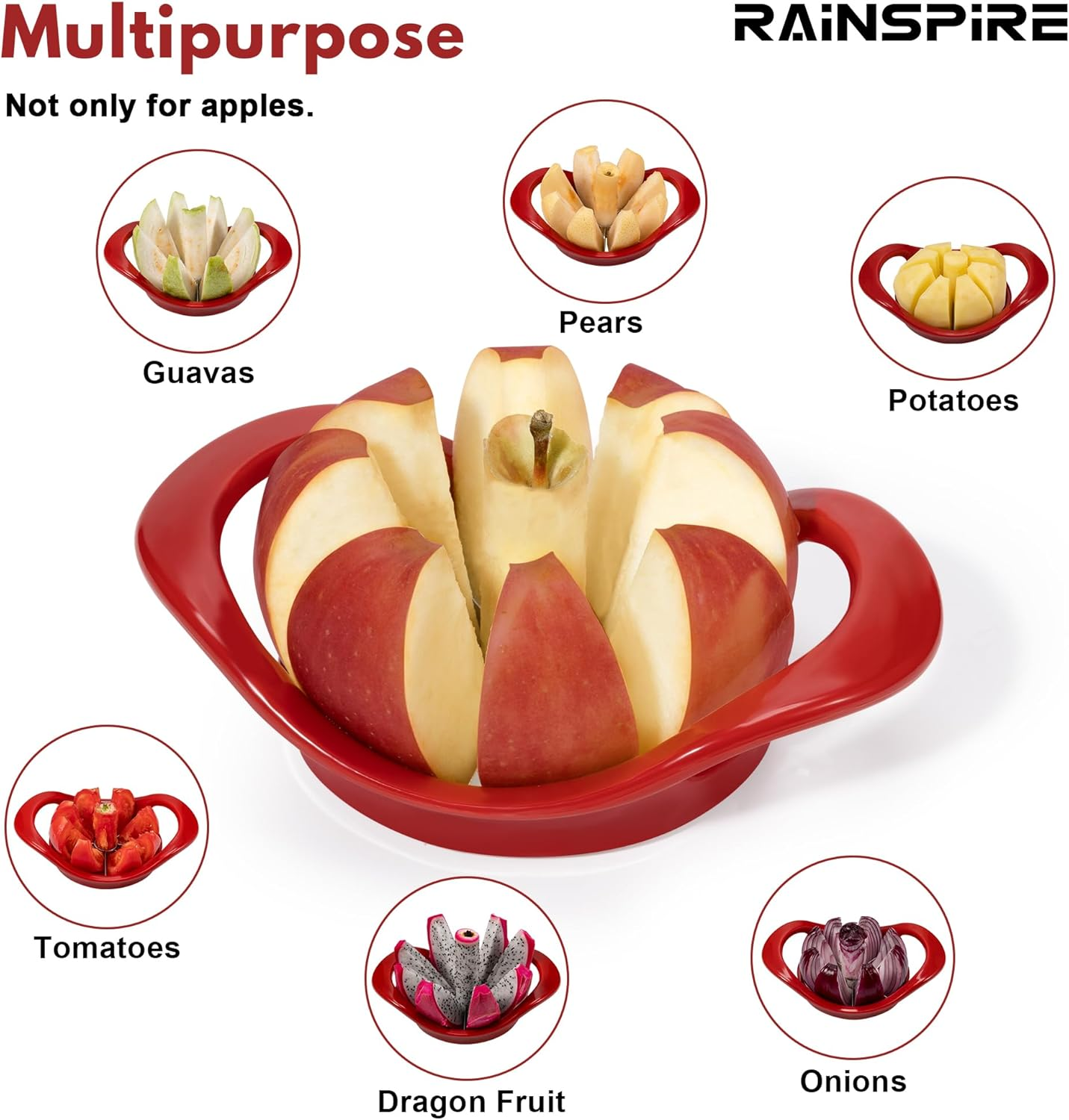 Rainspire Apple Cutter 8 Slices, 8 Blade Apple Slicer and Corer, Apple Corer Tool with Stainless Steel Blades, Super Sharp Fruit Cutter Fruit Slicer, Red image number 6