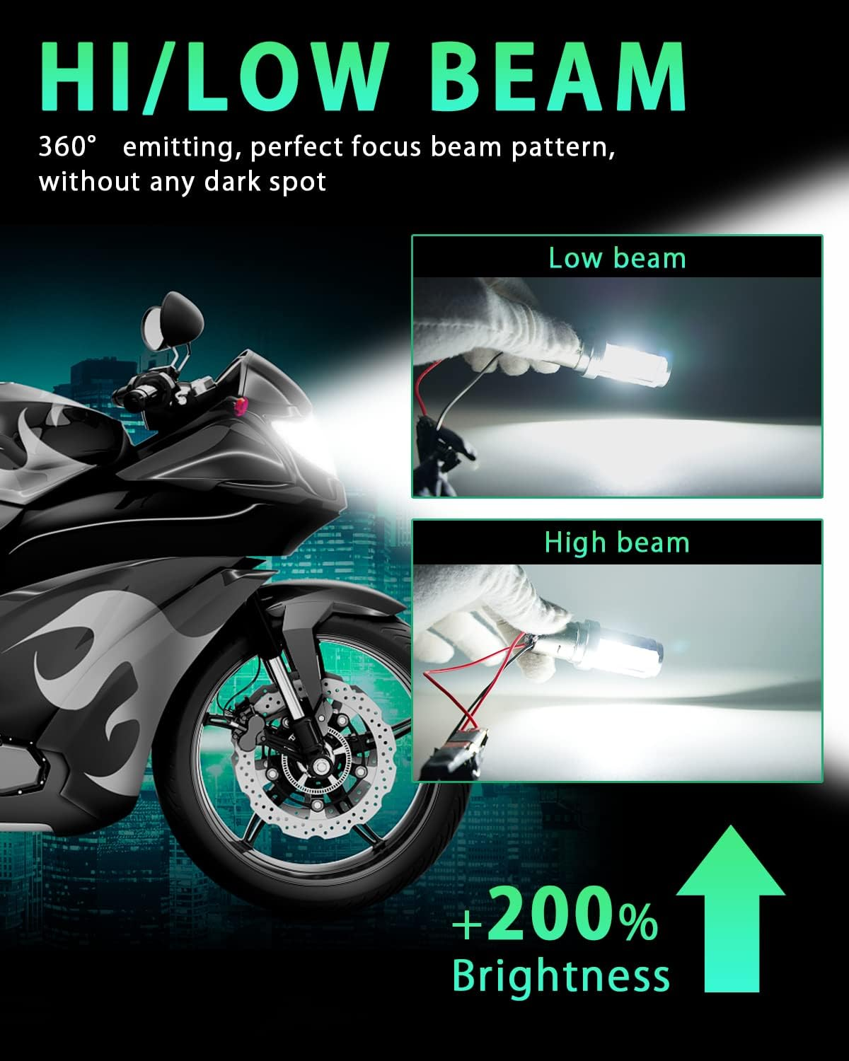 Grandview BA20D LED Bulbs, 2Pcs White BA20D Motorcycle Front Headlight Bulbs, H616 High/Low Beam COB Motorcycle LED Headlight Bulbs (DC 9-80V) image number 6