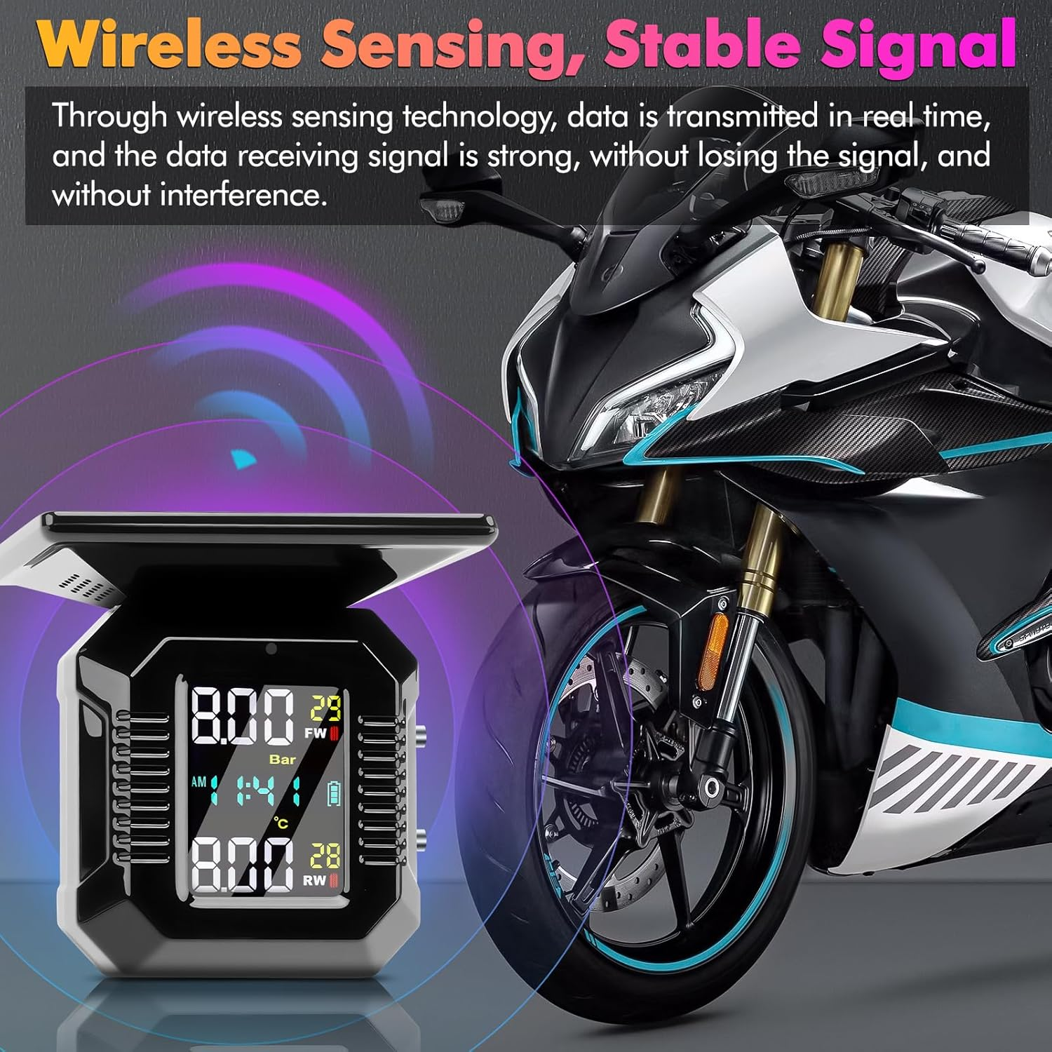 Motorcycle Tyre Pressure Monitoring System, Motorcycle TPMS with 2 External Sensors, LCD Display, USB Charging, IP67 Waterproof, Motorbike Tyre Pressure Monitor System, Two-Wheeled Motorcycle TPMS image number 6