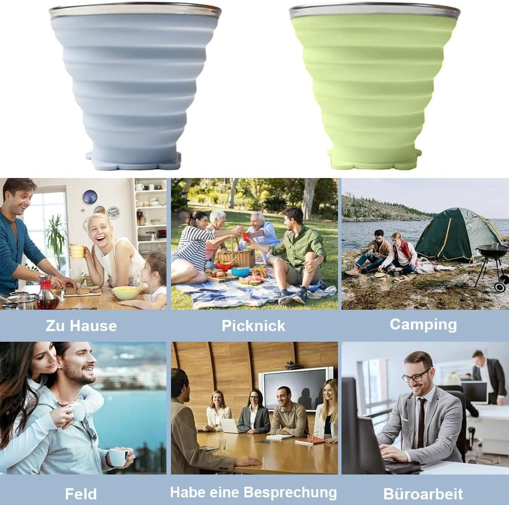 Foldable Cup, Pack of 2 Folding Cups, Silicone, Foldable Travel Mug, Foldable Silicone Cup with Lid, Reusable for Picnics, Camping, Outdoor, Hiking, Travel, 270 Ml, Sky Blue, Matcha Green image number 1