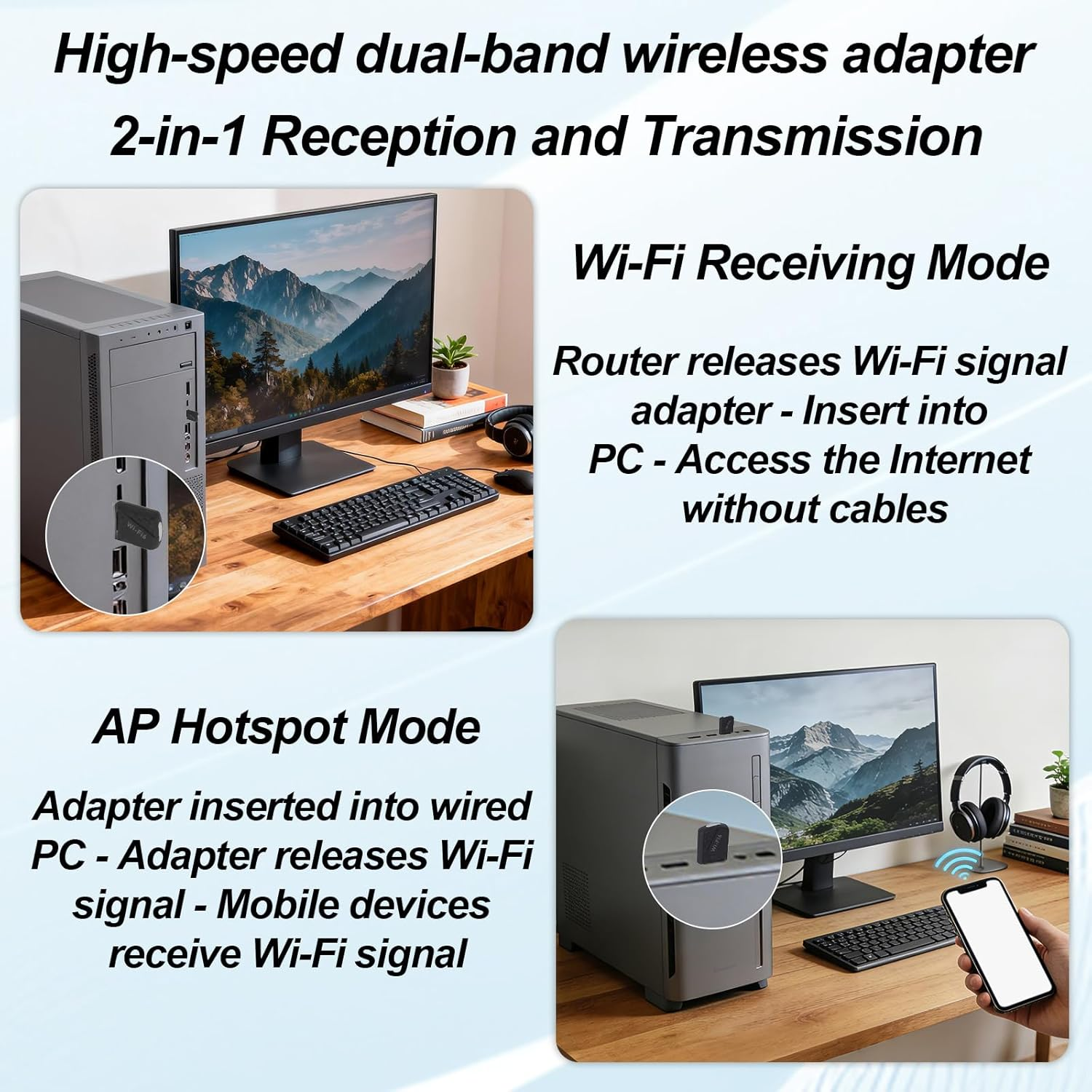 USB Wifi 6 Adapter for Laptop Desktop, 2-In-1 AV900 Dual Band 2.4/5GHZ with Bluetooth 5.3 Dual Band Wireless Network Plug and Play for Pc/Laptop/Desktop Support Win11/10/7 image number 2