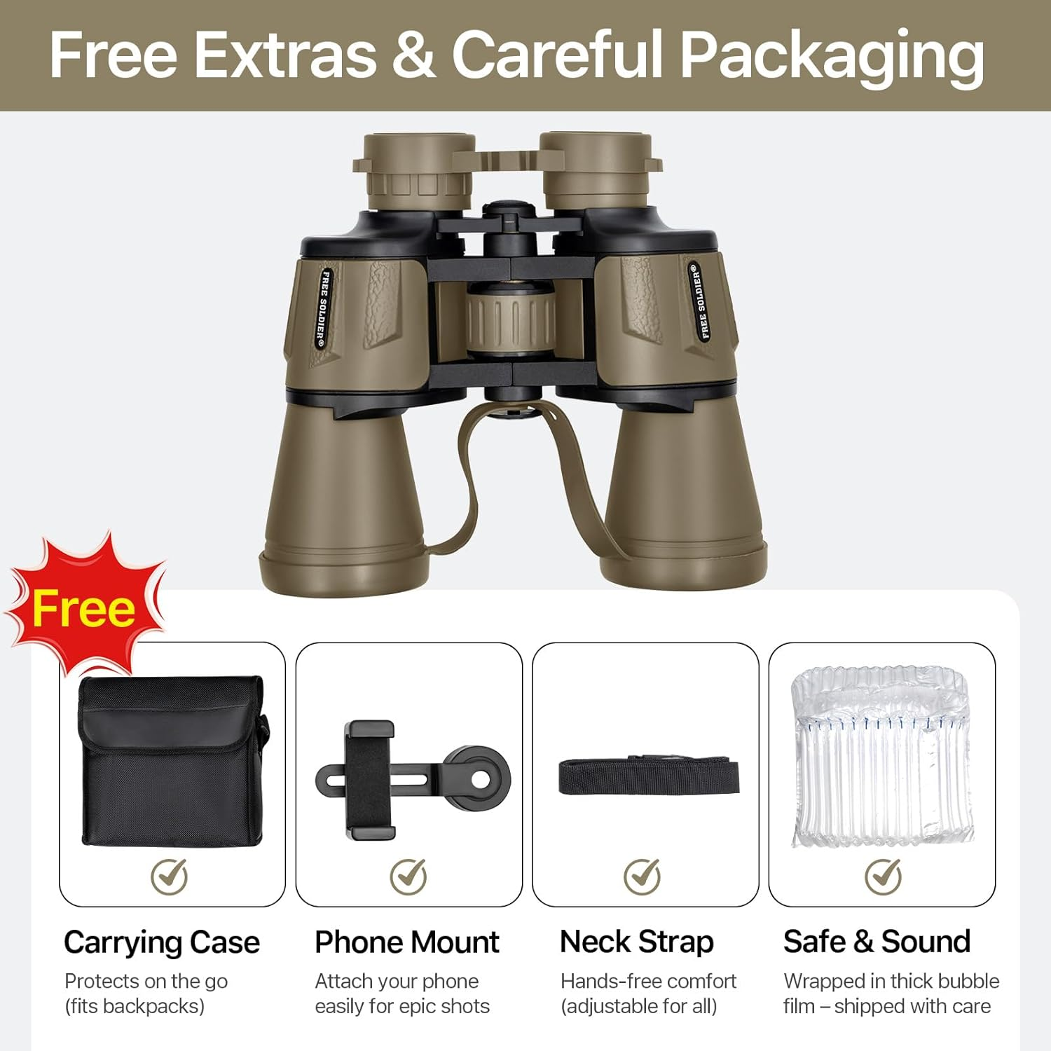 20X50 Military Binoculars for Adults with Smartphone Adapter - Compact Waterproof Tactical Binoculars for Bird Watching Hunting Hiking Concert Travel Theater with BAK4 Prism FMC Lens, Mud image number 4