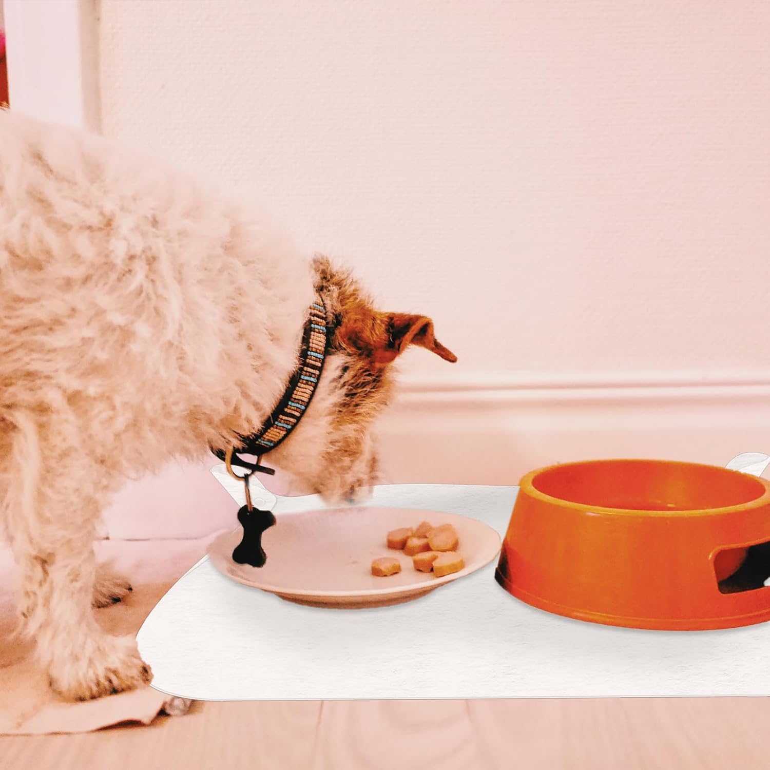 NILLOS Dog Cat Bowl Mat, 1 PCS White Pet Feeding Pad with Raised Edge to Prevent Food and Water Spills (49 X 34 Cm/19.29 X 13.38 In)