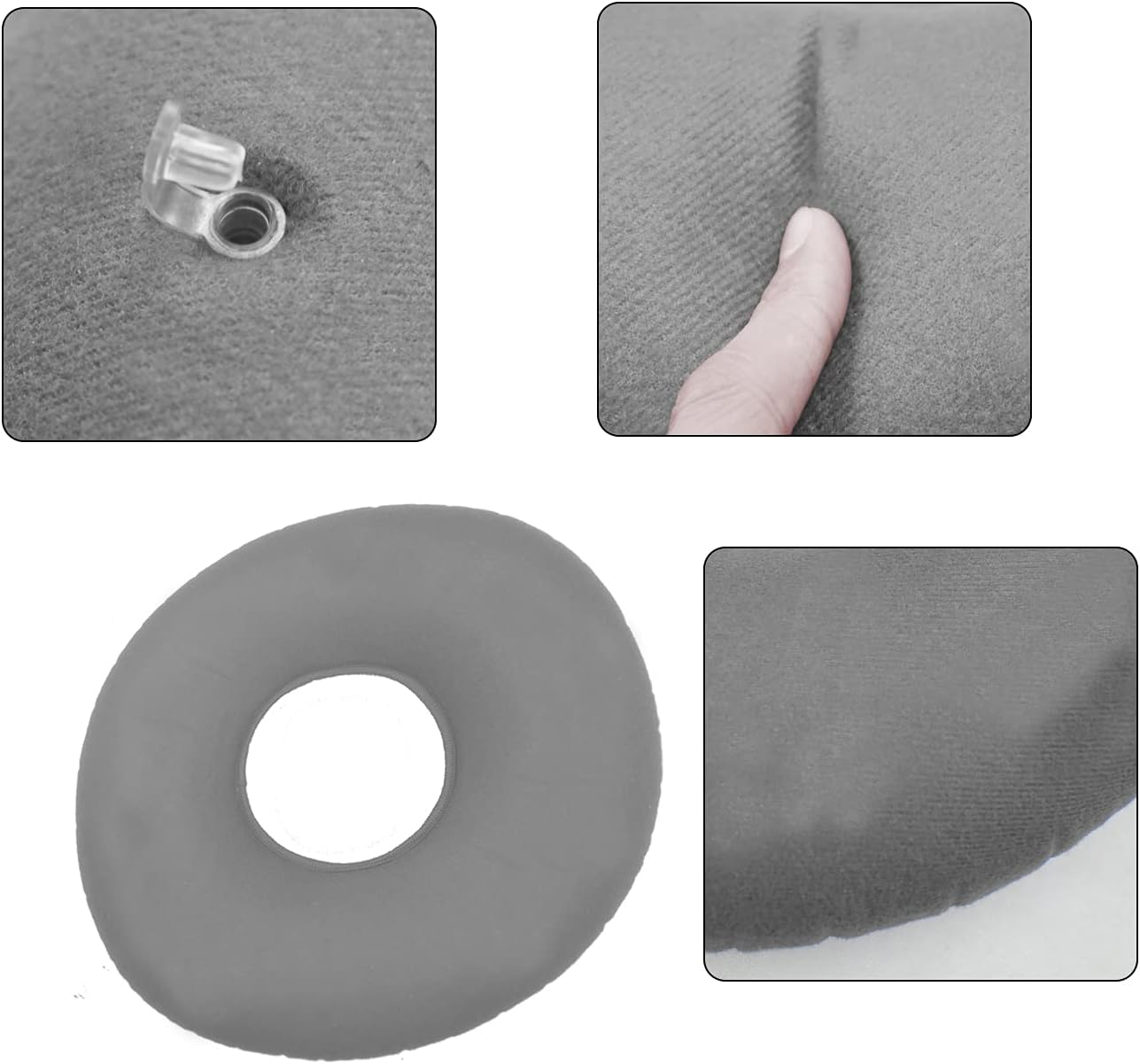 Grey Inflatable Hemorrhoid Pillow Tailbone Pain Cushion, Pillow Flocked Fabric Air Pillow for the Home, Office,Hiking,Camping,Traveling,Napping,Desk Rest,Neck & Lumbar Support - Grey image number 3