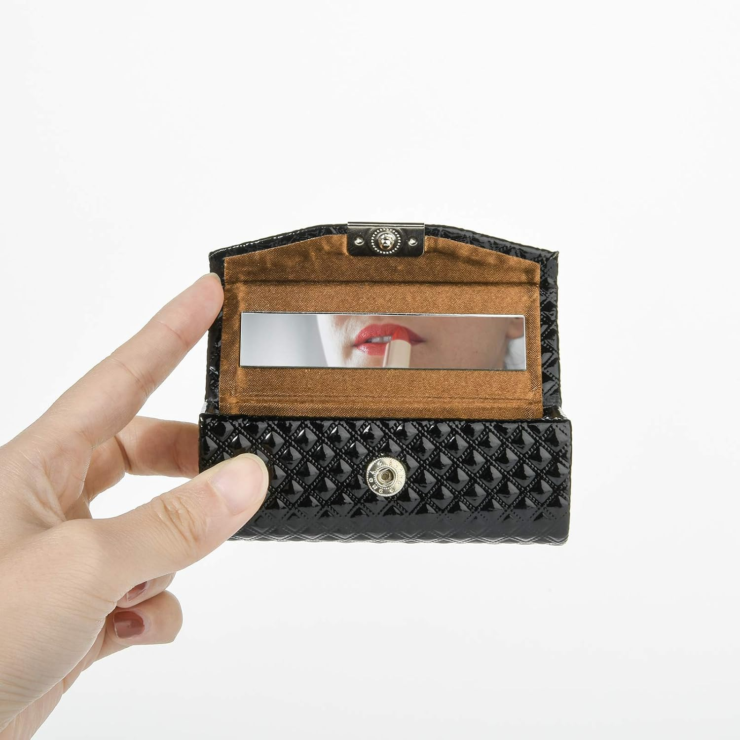 Beautyflier Women&rsquo;S PU Leather Lipstick Case Holder with Mirror Rectangle Makeup Travel Cases for Purse Lipstick Holder, Black, Lipstick Case - Black image number 5