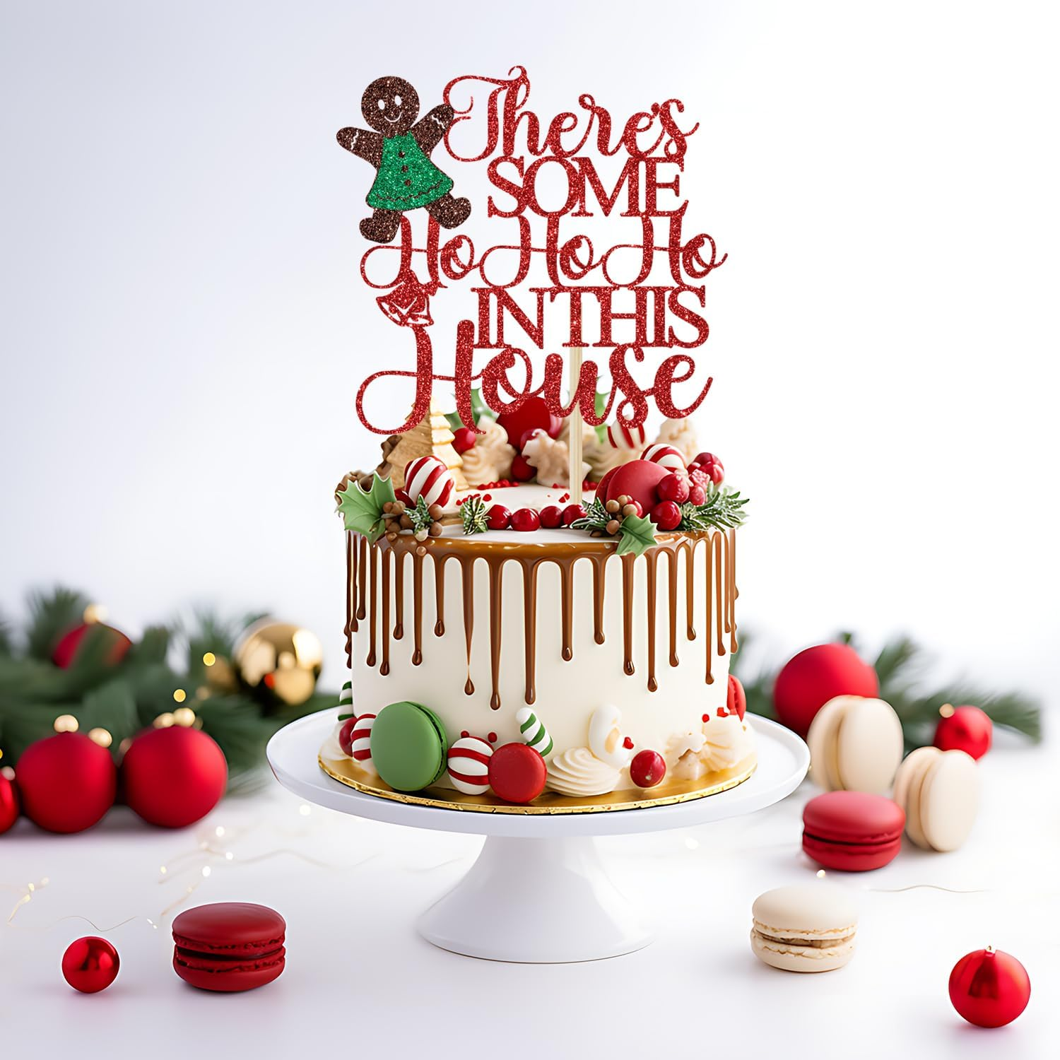 There'S Some Ho Ho Ho in This House Cake Topper, Xmas Holiday Cake Picks, Funny Christmas Cake Decorations, Christmas Party Decoration Supplies Red Glitter image number 3