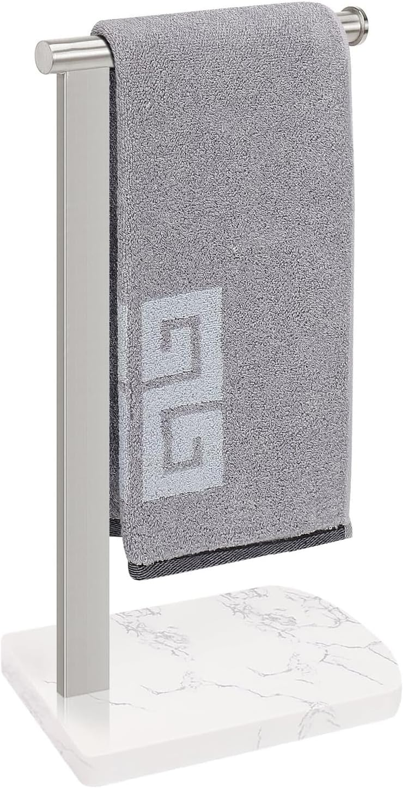 Nearmoon Hand Towel Holder with Balanced Marble Base, SUS304 Stainless Steel Stand Towel Ring L Shape Hand Towel Rack Free-Standing Towel Bar for Bathroom Kitchen Countertop(Double Rod Brushed Nickel)