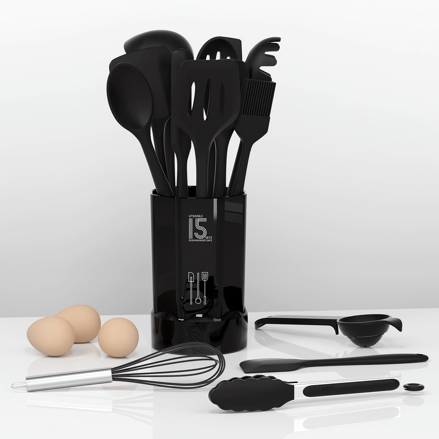 Silicone Cooking Utensils Set - 446&deg;F Heat Resistant Kitchen Utensils,Turner Tongs,Spatula,Spoon,Brush,Whisk.Kitchen Utensil Gadgets Tools Set for Nonstick Cookware.Dishwasher Safe (BPA Free) - Black image number 4