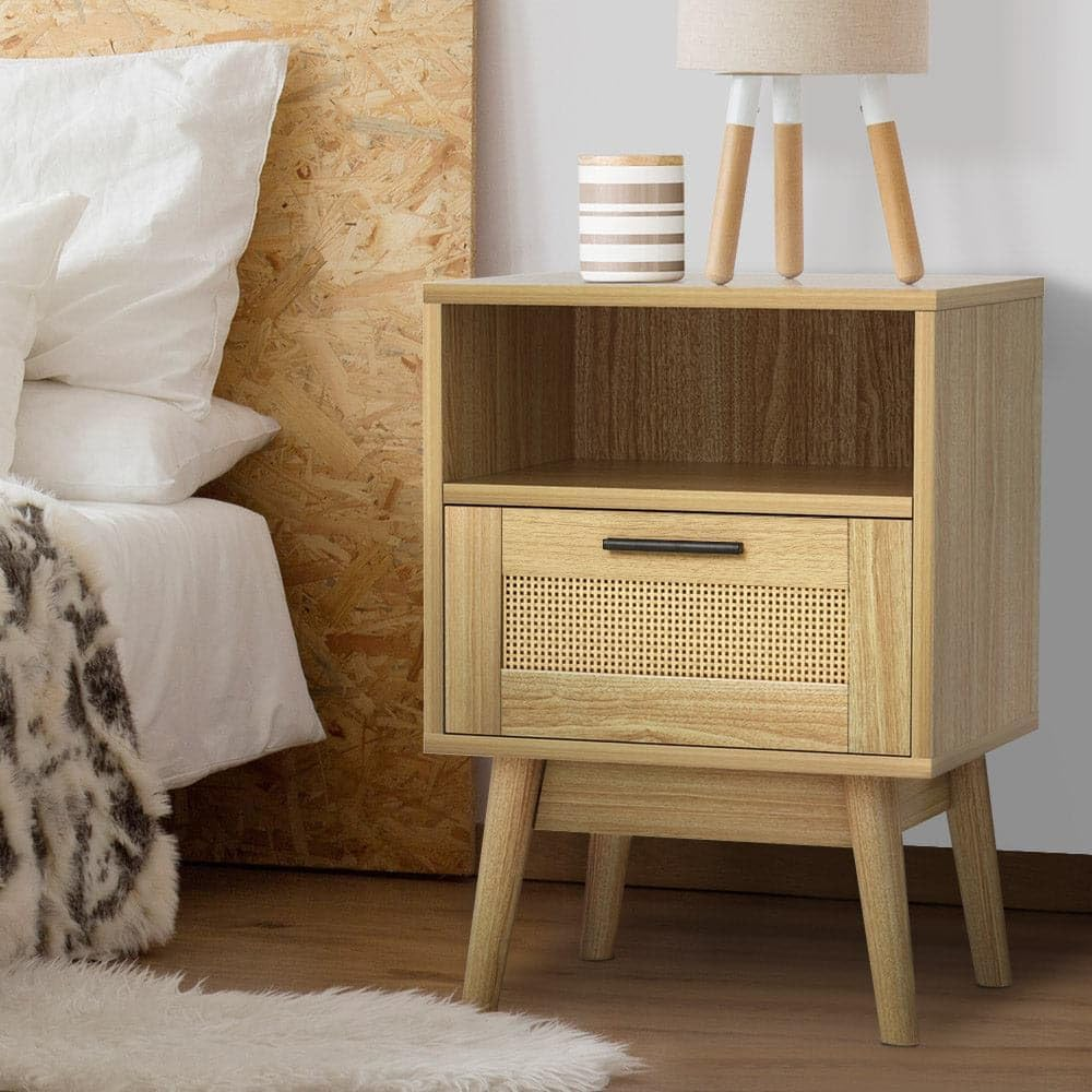 Artiss Bedside Table Rattan Bed Side Tables Storage Small Narrow Desk Chest of Drawers, with 1 Drawer and Shelf, Bedroom Living Room Home Furniture Tallboy Lamp Stand Nightstand Cabinet in 54Cm Height image number 3