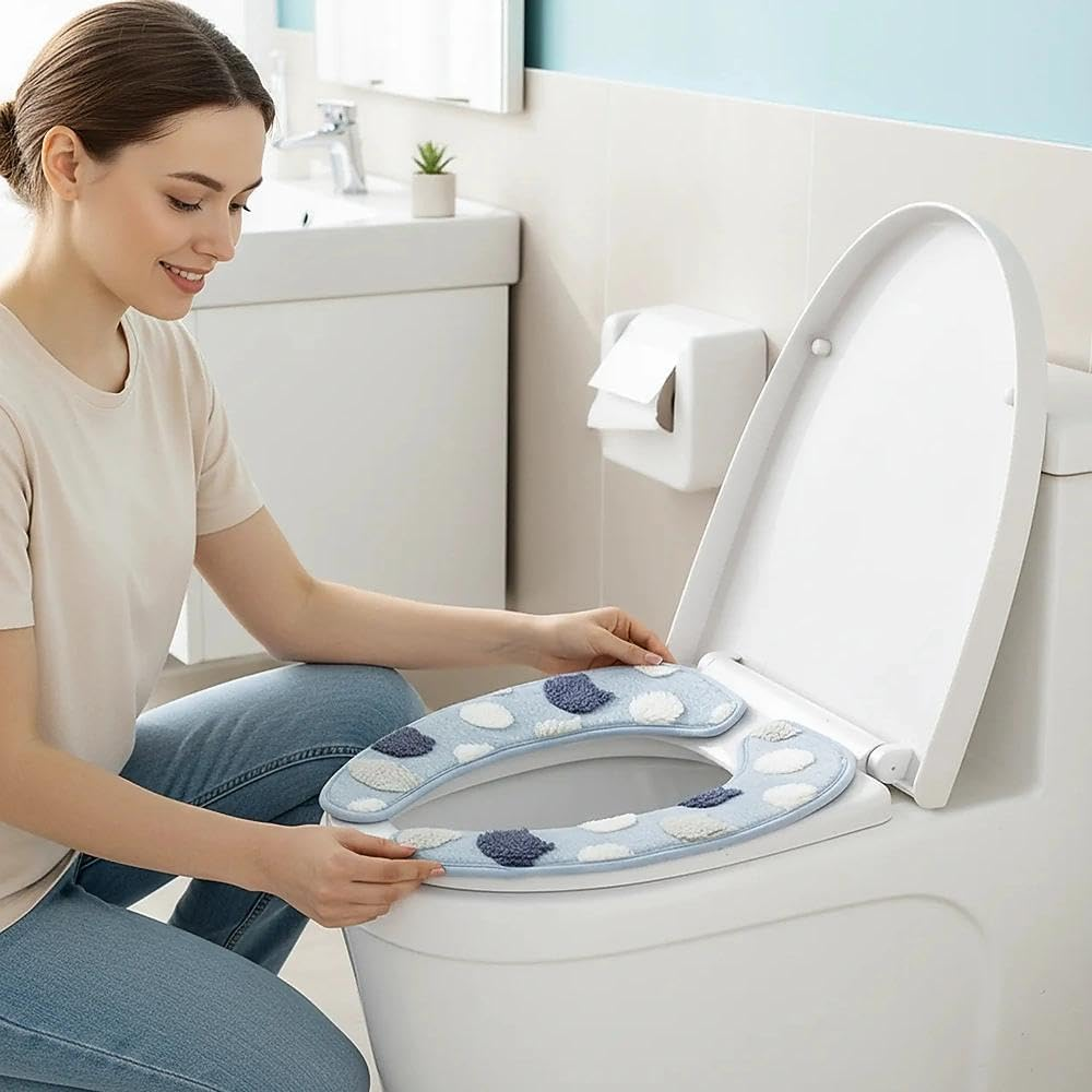 Plush Padded Toilet Seat Cover with TPR Adhesive for Comfort and Insulation, 40.6X17.0 Cm, Compatible with Most Standard Toilet Seats, Blue, Unron