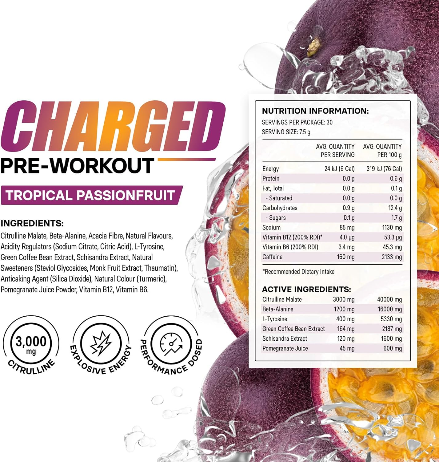 ALPHAFIT Charged Pre-Workout Powder, Tropical Passionfruit, Natural Caffeine + Beta-Alanine, HASTA Certified, 225G (30 Serves) image number 3