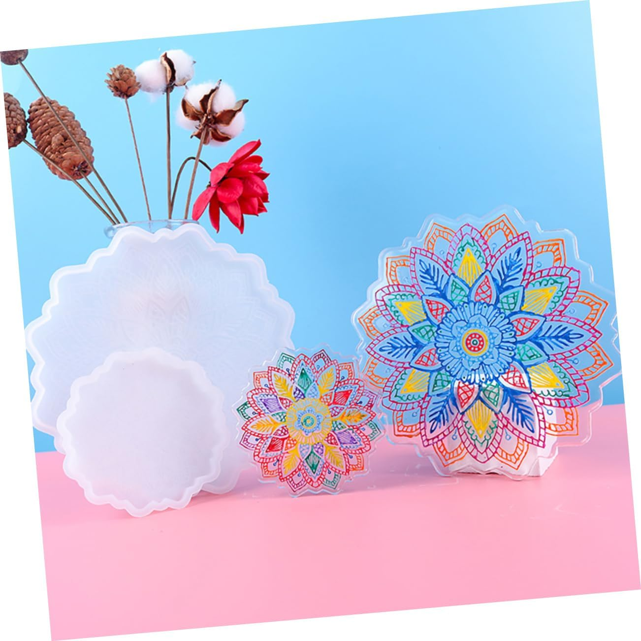 COHEALI Sunflower Coaster Resin Molds, 2Pcs Large Flower Silicone Coaster Molds for DIY Making Resin, Cups Mat, Home Decoration image number 1