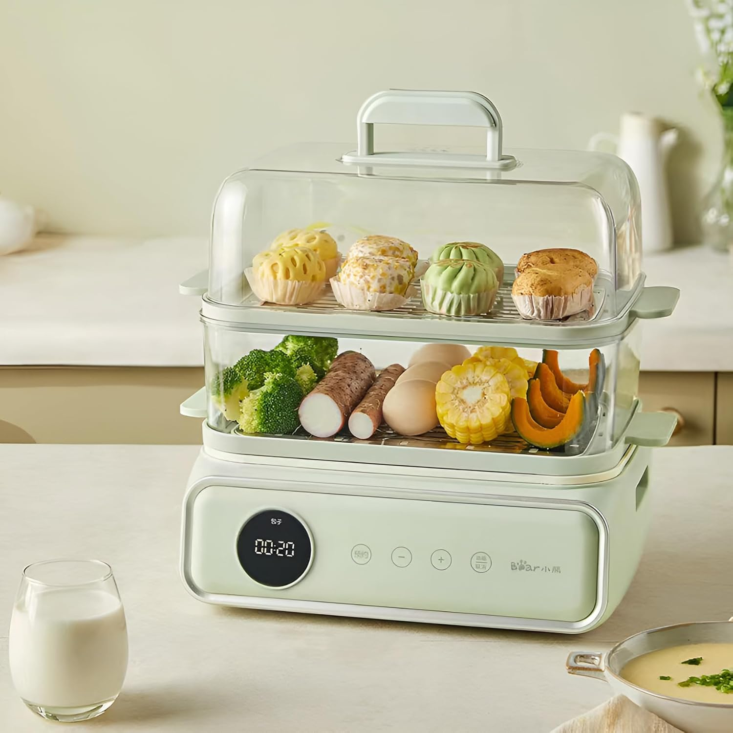 Multifunctional Electric Food Steamer 21.5L Large Capacity, with 3-Layer Steamer, 24H Reservation and Smart Timer, 1200W Fire Heating Stainless Steel Steamer，Blue