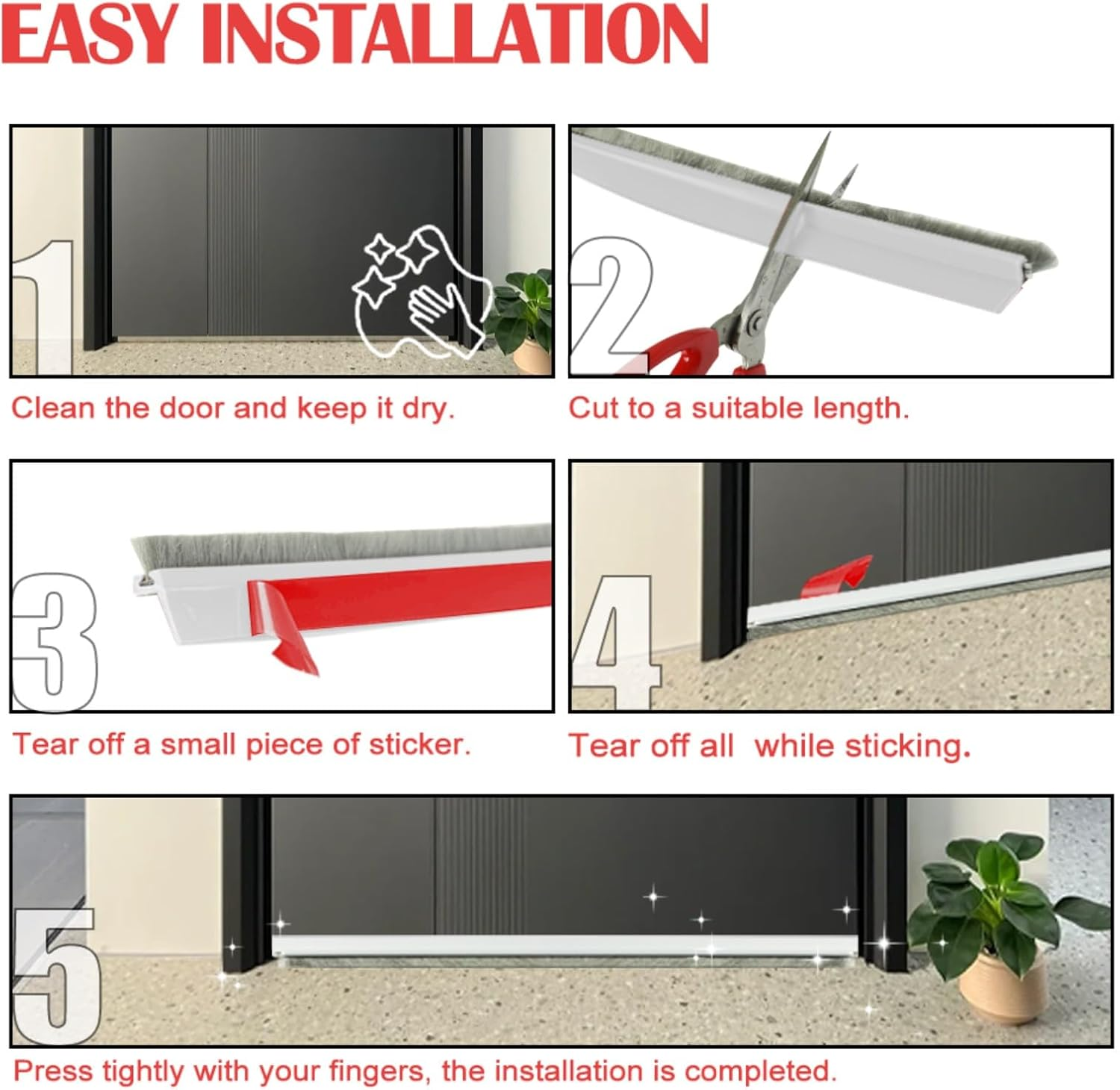 Door Sweep for Bottom of Door, 39.2" L Integrated Design with Brush, Self Adhesive under Door Draft Stopper for Bottom of Door, Door Seal Dust/Noise/Hot or Cold Air Insulation, White 2" W image number 4