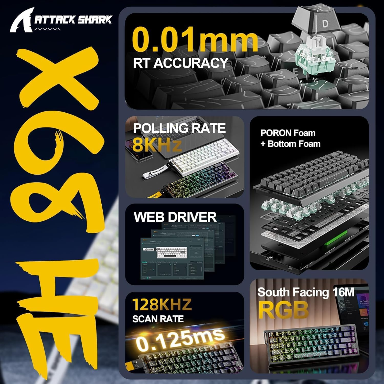 Attack Shark X68 HE 8000Hz Rapid Trigger Keyboard, 0.01Mm RT Accuracy Wired Gaming Keyboard with Magnetic Switch, Adjustable Actuation, Rapid Trigger, Snap Tap, RGB Lighting for Pc/Mac, Moonlight image number 2