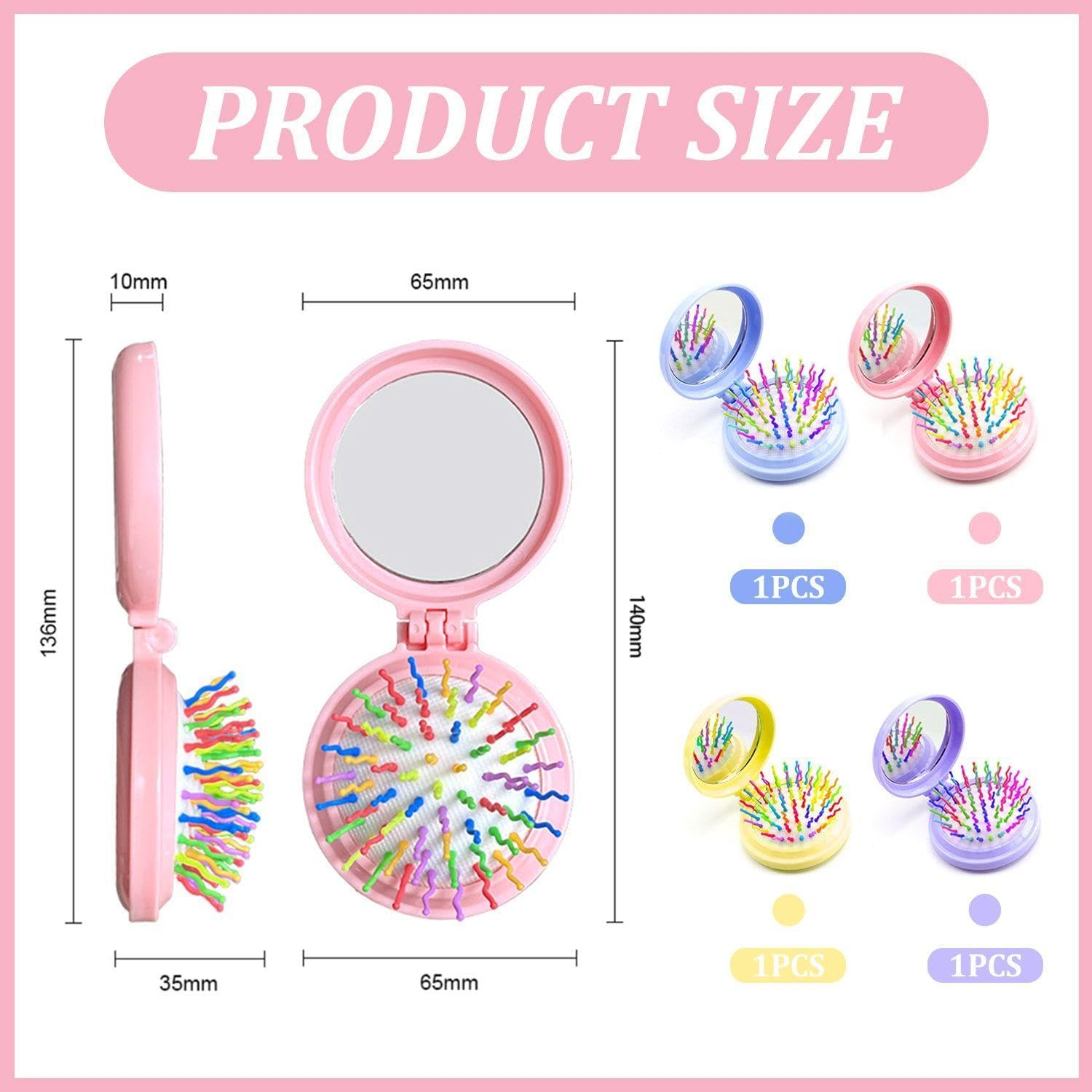 4-Piece Foldable Pocket Brush, Hair Brush with Mirror, Travel Brush, Mini Hair Brush, Folding Mirror, Foldable Brush