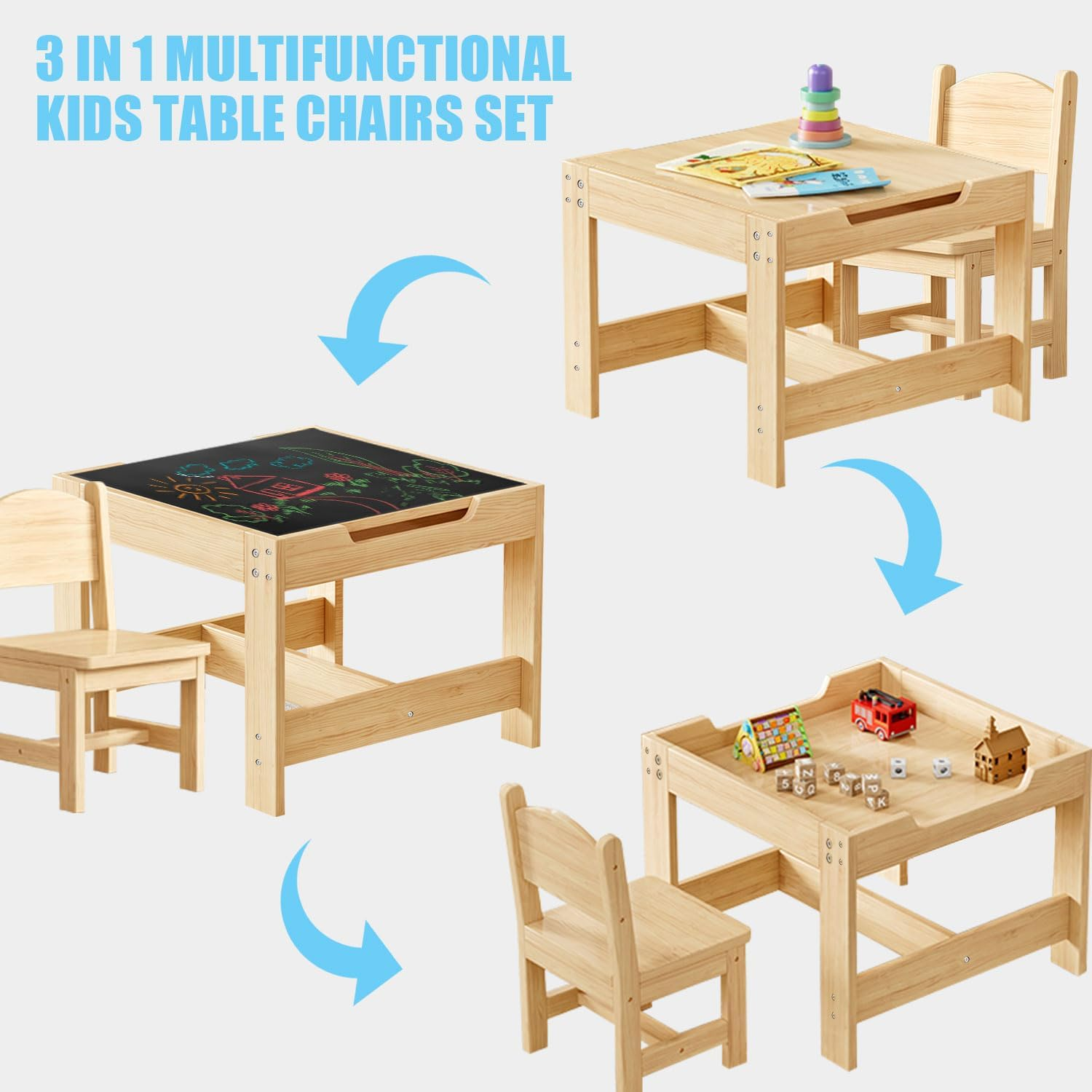Solid Wood Toddler Table and Chair Set, 60X60Cm, Kids Wooden Table and 2 Chair Set, 3 in 1 Kids Activity Table Set with Storage Drawer for Toddler Reading, Drawing, Playrooms (Natural) image number 2