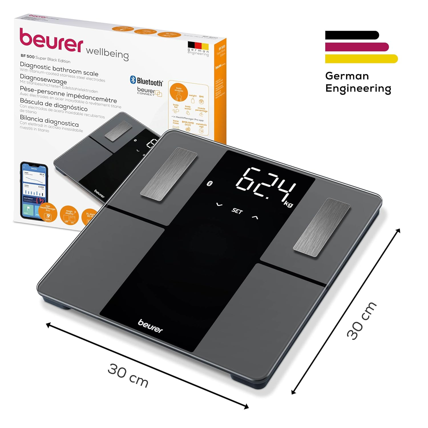 Beurer BF 500 Diagnostic Scales with Bluetooth, Digital Body Scales with App, Determination and Analysis of Body Values, Measures Body Fat and Muscle Scale, Extra Large Display image number 3