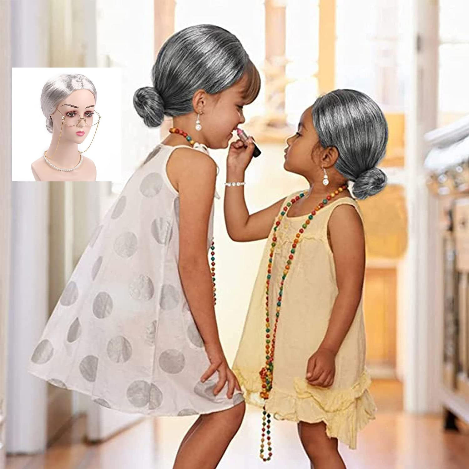 7 Piece Old Lady Dress Set, Grandma Witch Wig, Adult Children Halloween Party Cosplay, Silver and White Bun image number 1