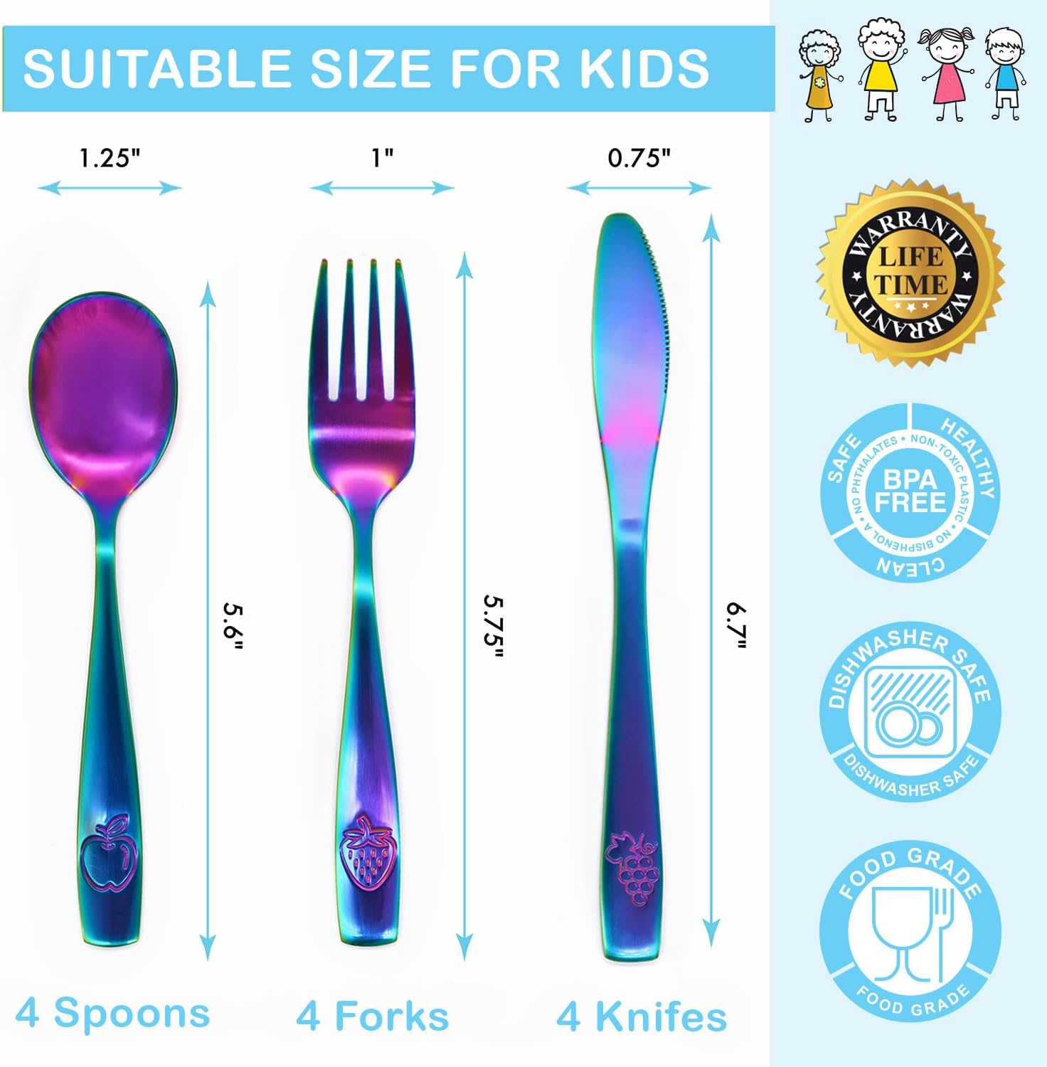 12 Piece Stainless Steel Kids Silverware Set - Child and Toddler Safe Flatware - Utensil Set Includes 4 Small Spoons, 4 Forks & 4 Knives - UV Rainbow image number 6