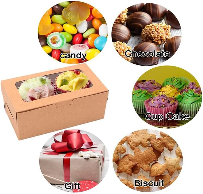 Kraft Bakery Boxes - 10 Small Pastry Treat Boxes with Window, Gift Packaging for Cookies, Pastries, Mini Cakes, Donut, Pie Slice, Stickers Included (Brown) - Brown image number 6