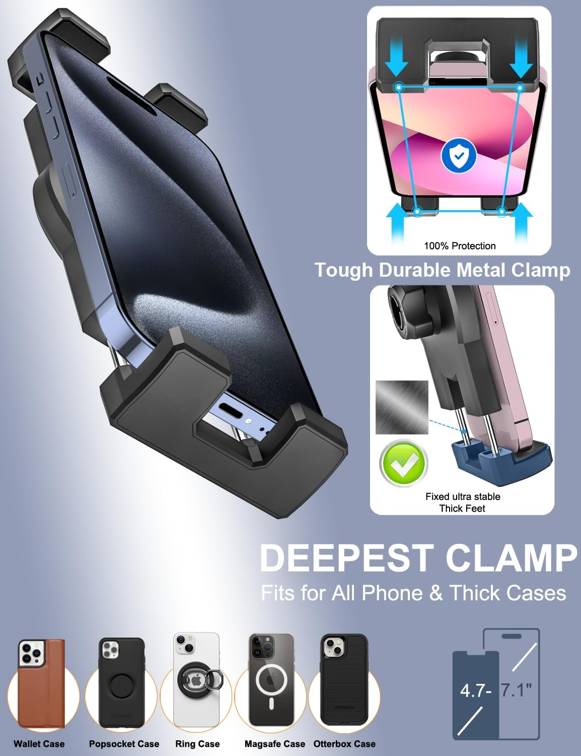 Dashboard Clip Car Phone Mount, Woleyi Car Sun Visor & Rearview Mirror Clamp Phone Tablet Holder with Adjustable Arm for Iphone 14 Pro Max 13 12 11 XS XR X 8, Ipad, More 4-11" Cell Phones and Tablets