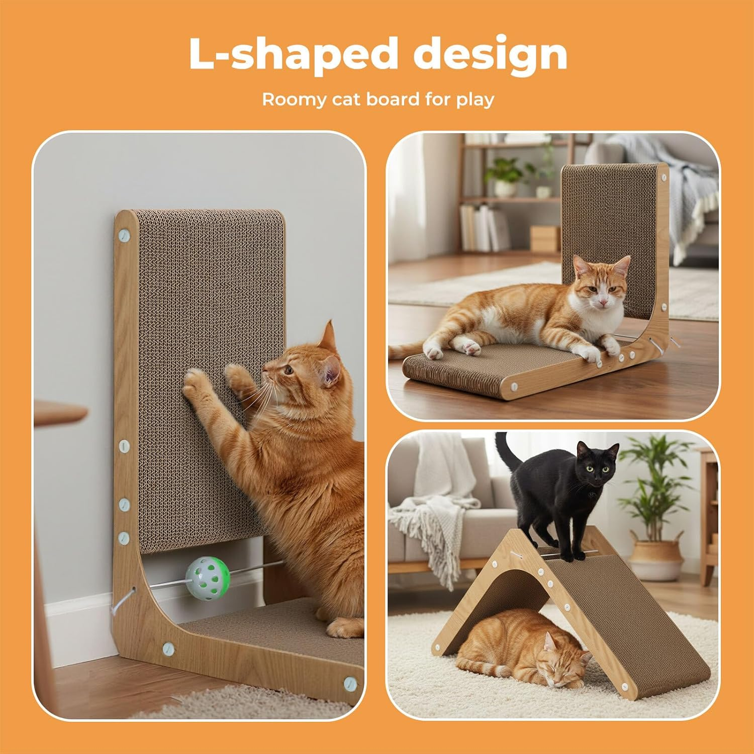 Pawz Cat Scratcher, L Shape Cardboard Cat Scratching with Ball Toy, Multi-Functional Pet Cat Scratch Board, Eco-Friendly and Durable, Protect Furniture, Cat Furniture for Indoor Cats image number 5