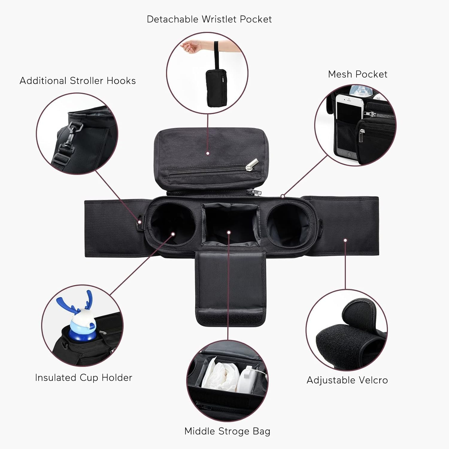 Baby Pram Bag, Baby Pushchair Organizer with Insulated Drink Cup Holder and Phone Storage, Universal Stroller Storage Bag with Adjustable Strap and Detachable Pocket (Black)