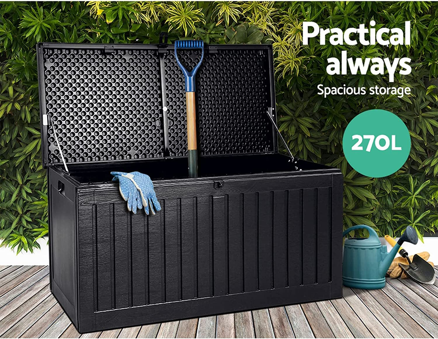 Gardeon Outdoor Storage Box Container Cabinet Bench, 270L Large Lockable Tool Toy Deck Boxes Chest Garden Shed Storages Ottoman Chair Seat Patio Indoor Furniture, Perfect for Water-Resistant Black image number 2