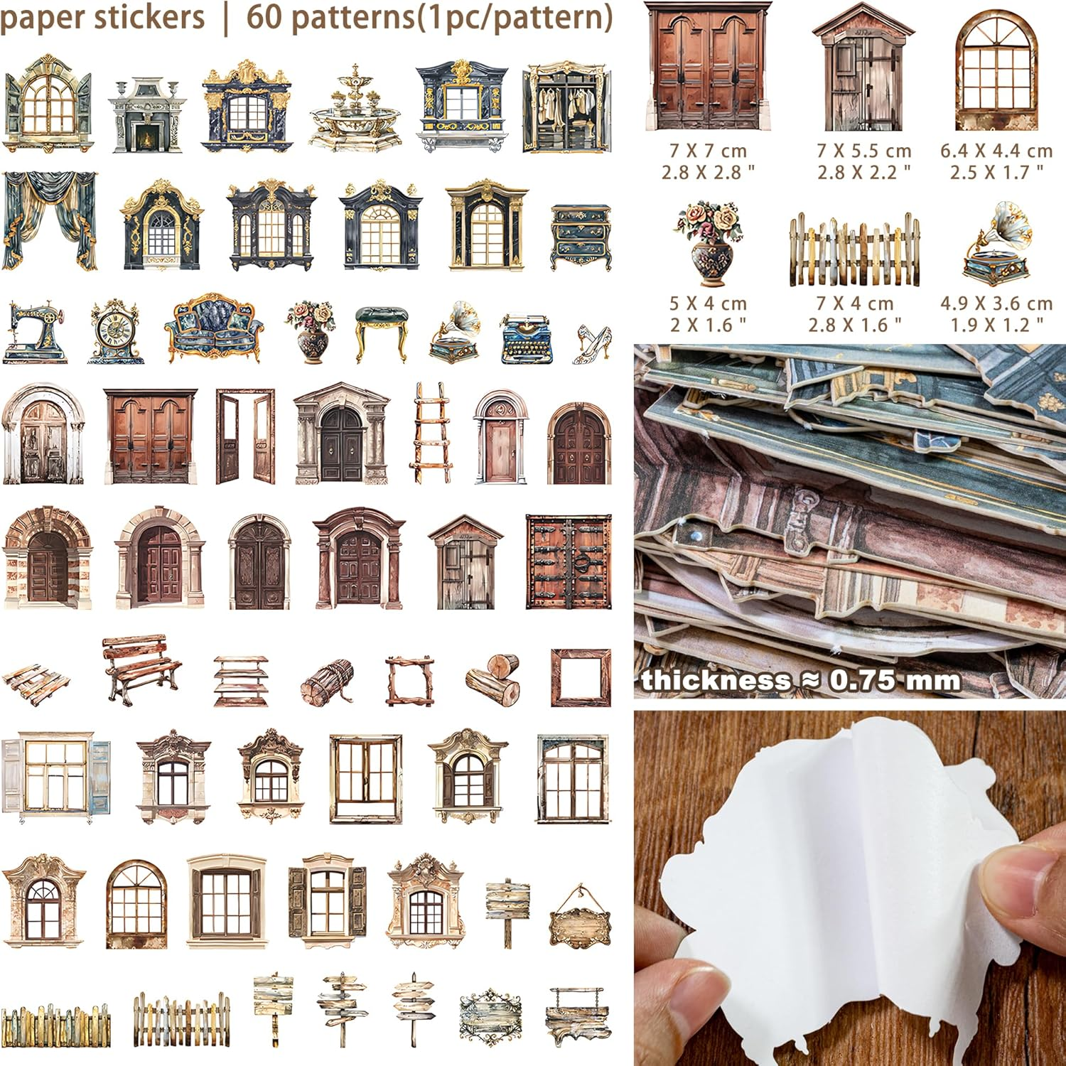 Retro Scrapbook Stickers Set - 4 Packs Thick Paperboard Stickers with Antique Clock, Sewing Machine, Rustic Fence, Vintage Ephemera for Journal, Planner, Craft, Collage & Card Making (Cyrus) image number 2