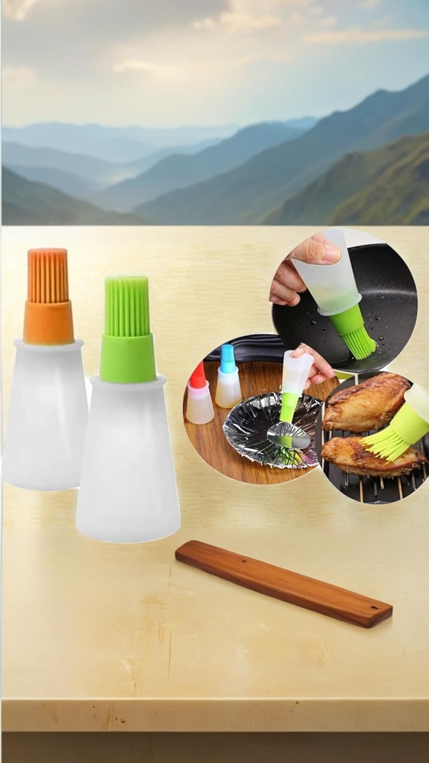 BBQ Pastry Basting Brushes, Heat-Resistant Silicone Oil Bottle Brushes for Sauce, Honey, Grill & Cake, for Barbecue, Cooking, Frying - Kitchen Tools Set of 2, Green & Orange