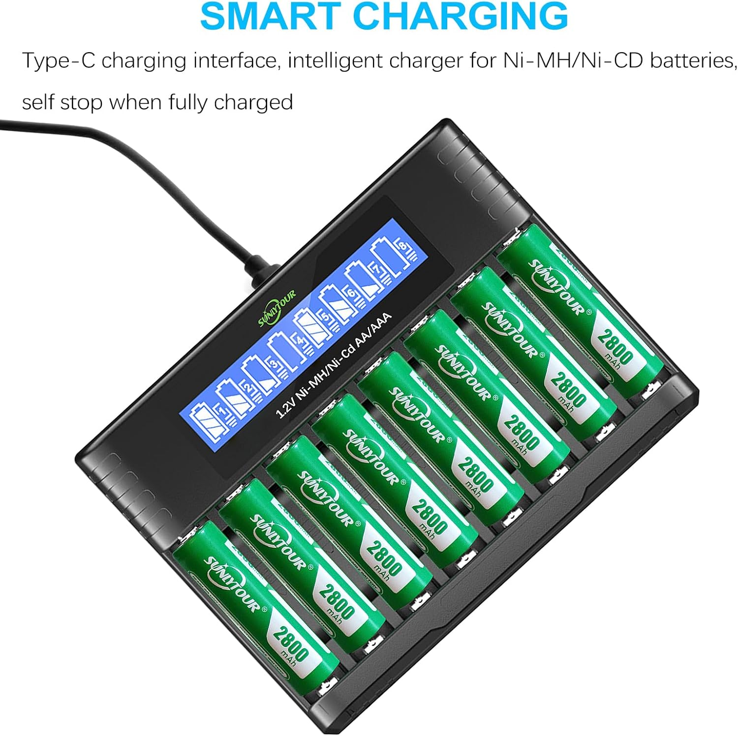 2800 Mah Ni-Mh AA Battery with Charger, SUNLYTOUR Pack of 8 2800 Mah AA NI-MH Batteries with 8 Slots AAA AA Charger, Charge up to 1200 Cycles image number 2