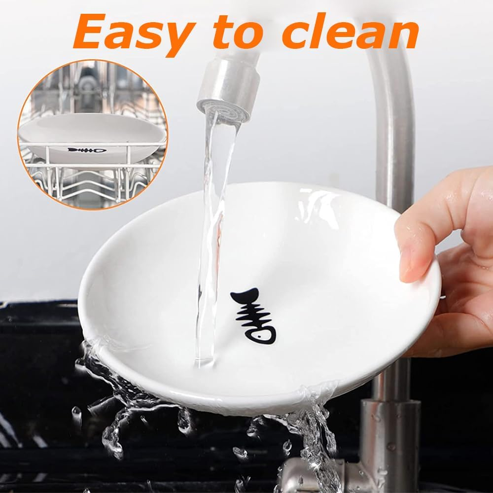 Cat Food Bowls,Fishbone Dish,Ceramic Cat Plate,Cute Fish Bone Design,Cat Dishes with Non Slip Silicone Bottom,Shallow Wide Kitten Plates,For Dry and Wet Food image number 2