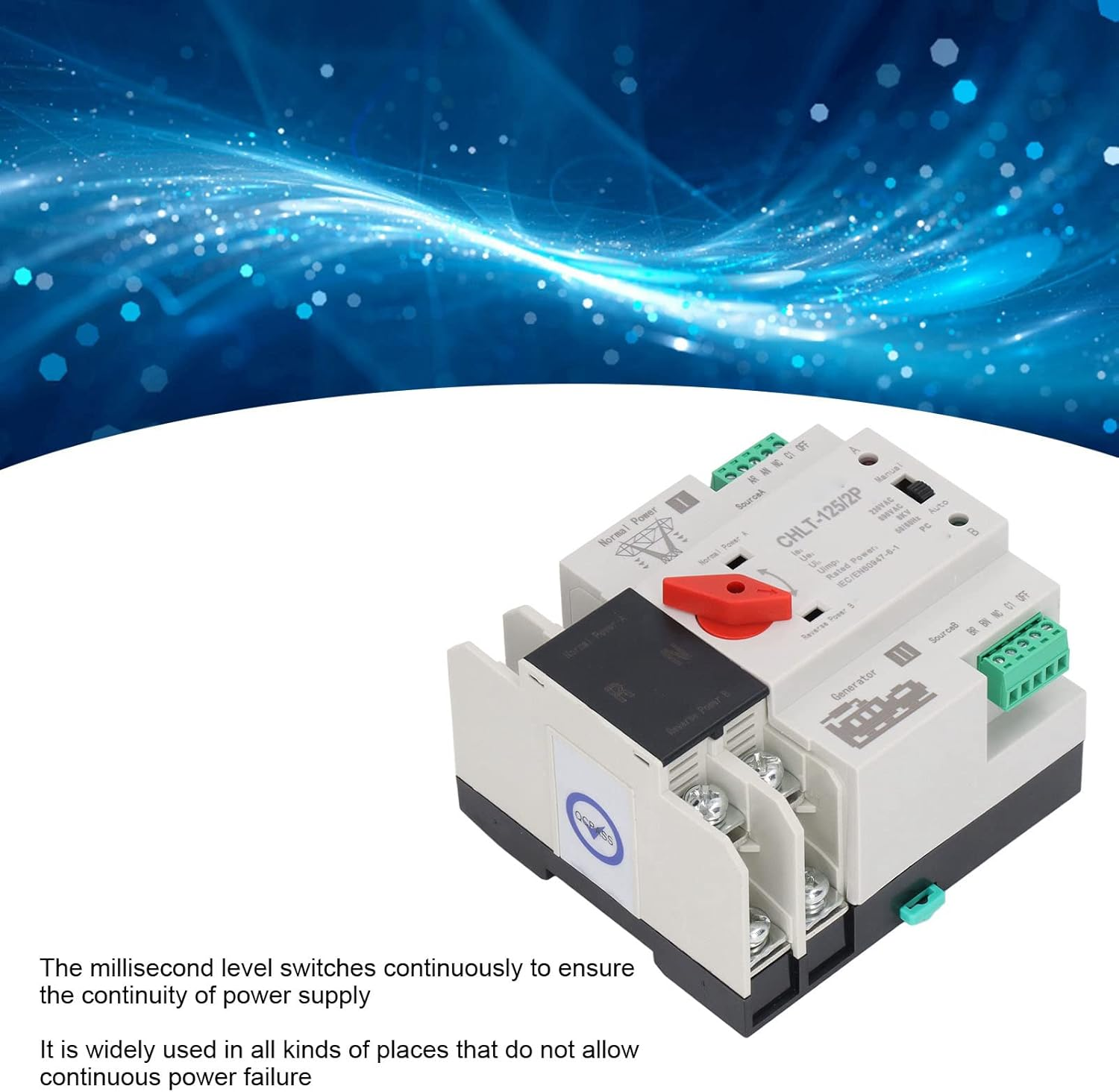 Dual Power Automatic Transfer Switch, CHLT-125/2P AC230V Millisecond Power Transfer Switch, High Sensitive Response Electronic Circuit Breaker Changeover Switch for Home (63A) image number 5