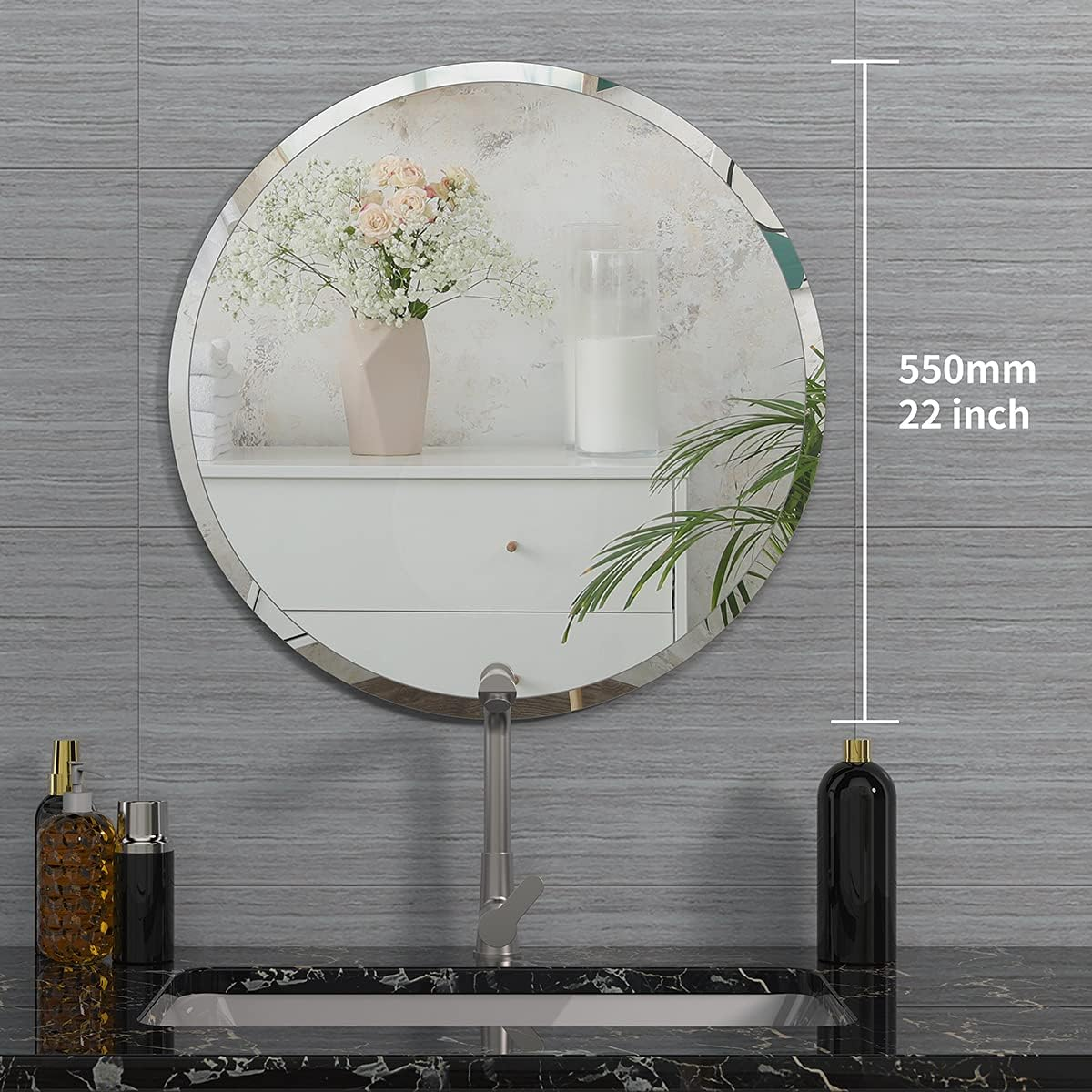 ANYHI round Mirror, 55 Cm Circle Frameless Mirror, Beveled Bathroom Mirror, round Mirrors for Wall D&eacute;cor, Wall Mirror for Bathroom Bedroom Entrance Living Room image number 5