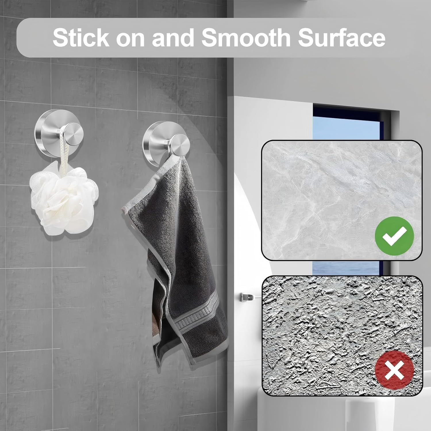 4 Pack Suction Cup Hooks for Shower, Bathroom, Kitchen, Glass Door, Mirror, Tile &ndash; Loofah, Hanging Towels, Coat, Bath Robe Hook Holder for Hanging up to 15 Lbs &ndash; Waterproof & Rustproof, Matte Silver