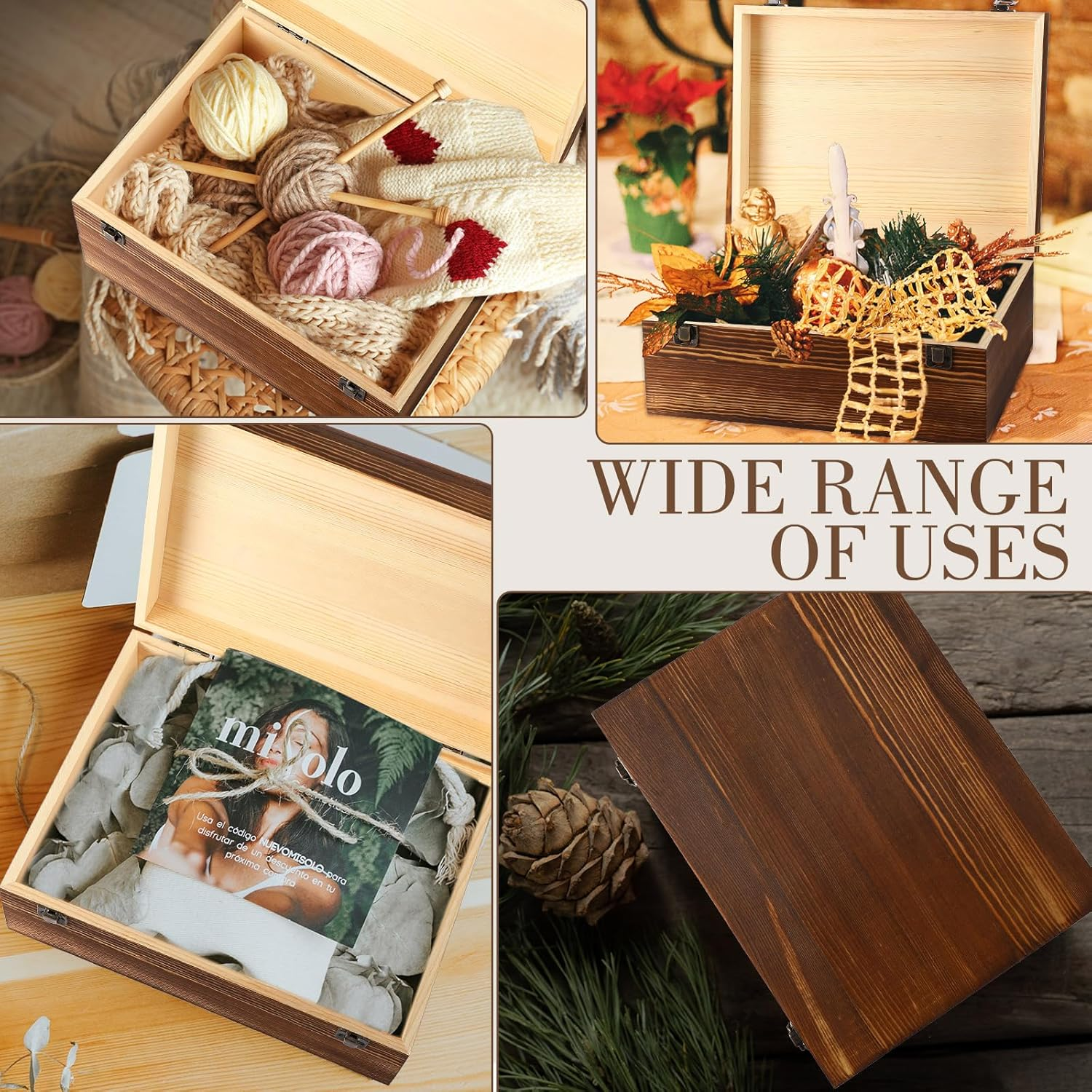 Barydat Extra Large Wooden Memory Box with Hinged Lid for Keepsakes Unfinished Pine DIY Craft Stash Wooden Box for Arts Gift and Storage Decorative image number 6