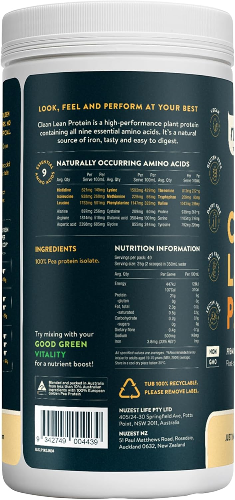 Nuzest - Pea Protein Powder - Clean Lean Protein - Just Natural - Vegan Protein Shake - Plant-Based Low Calorie & Low Carb - Gluten Free - Dairy Free - 1Kg (40 Servings) image number 5