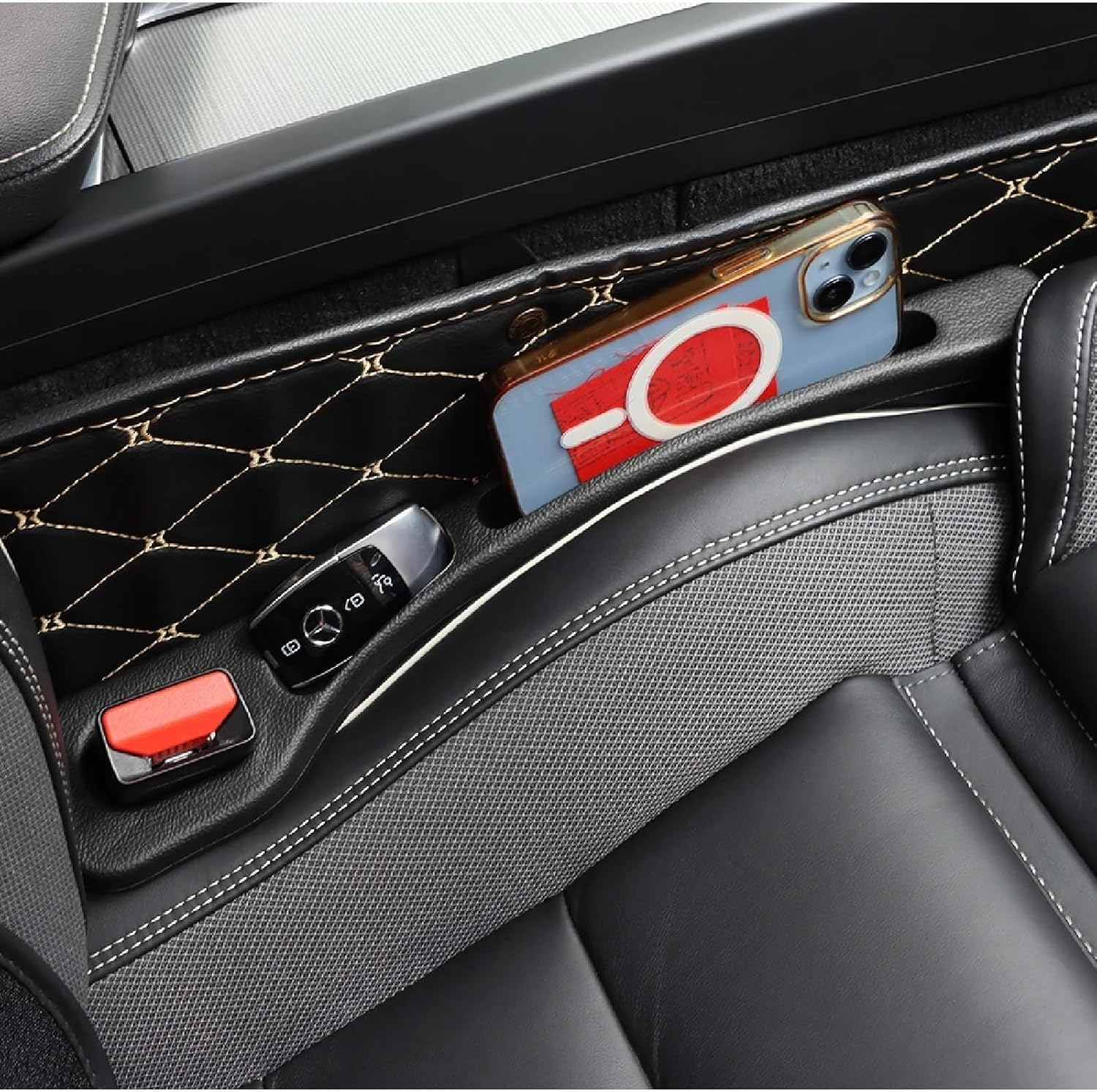 2PCS Car Seat Gap Filler with 2 Car Seat Hooks,Multifunctional Seat Side Gap Filler with Phone Holder Organizer,Universal Seat Side Gap Filler for Car,Suv and Trucks,Prevents Falling Items(Black) image number 3