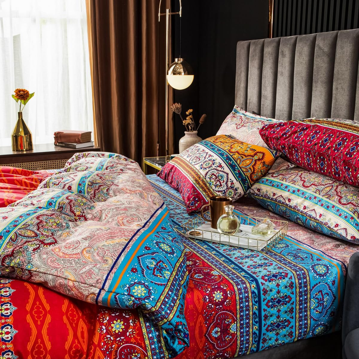 Bohemian Duvet Cover Set Full Colorful Floral Boho Striped Bedding Set Ultra Soft Microfiber Double Duvet Cover Southwestern Indian Tribal Reversible Bedding Exotic Style Decor Boho Comforter Cover image number 1