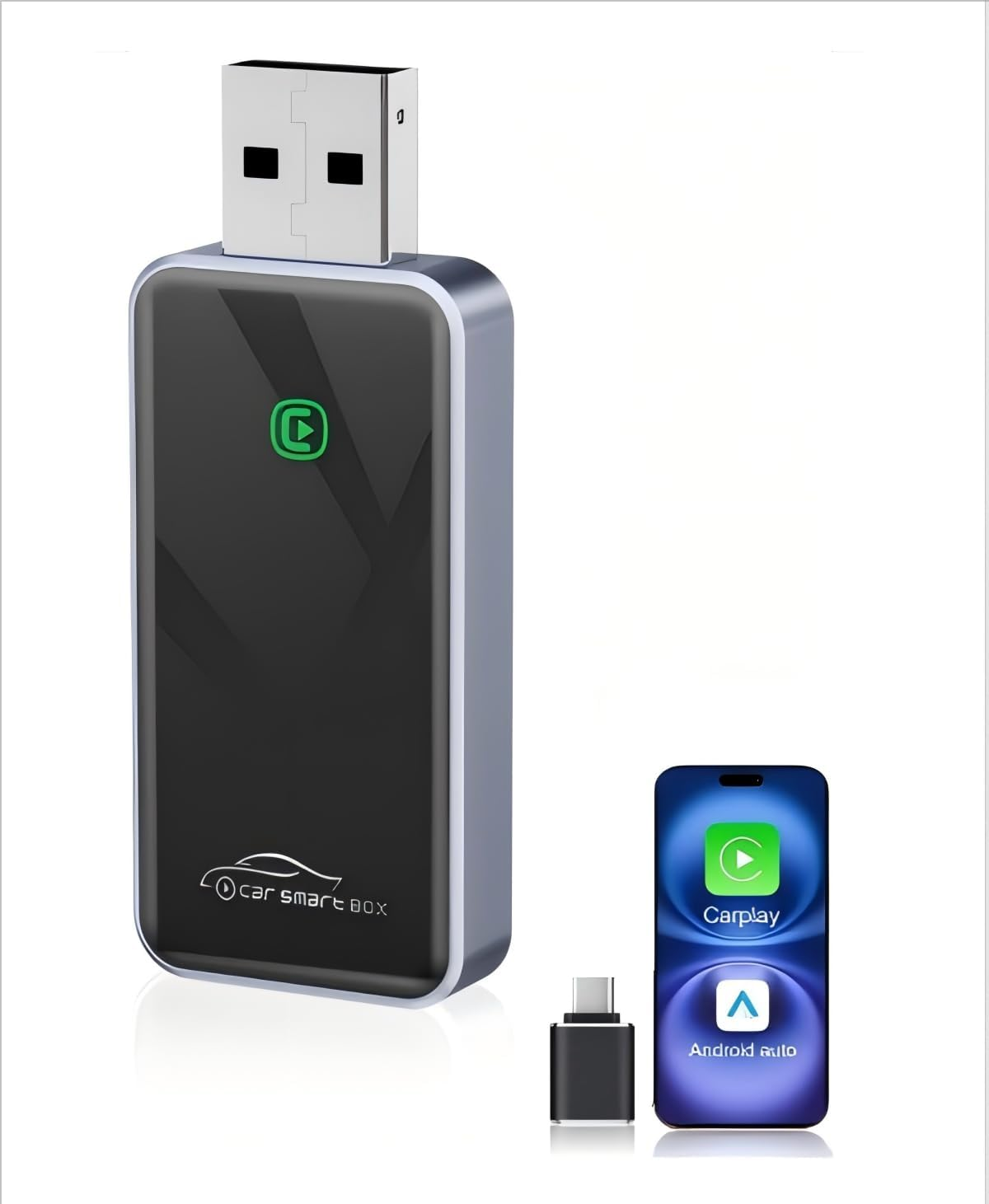 2 in 1 Wireless Carplay Adapter for Iphone & Android Auto,Plug & Play, Usb-A，Mini USB Dongle for Iphone Ios 10+/ Android 11+/ 2015+ Cars with Factory Wired Carplay image number 1