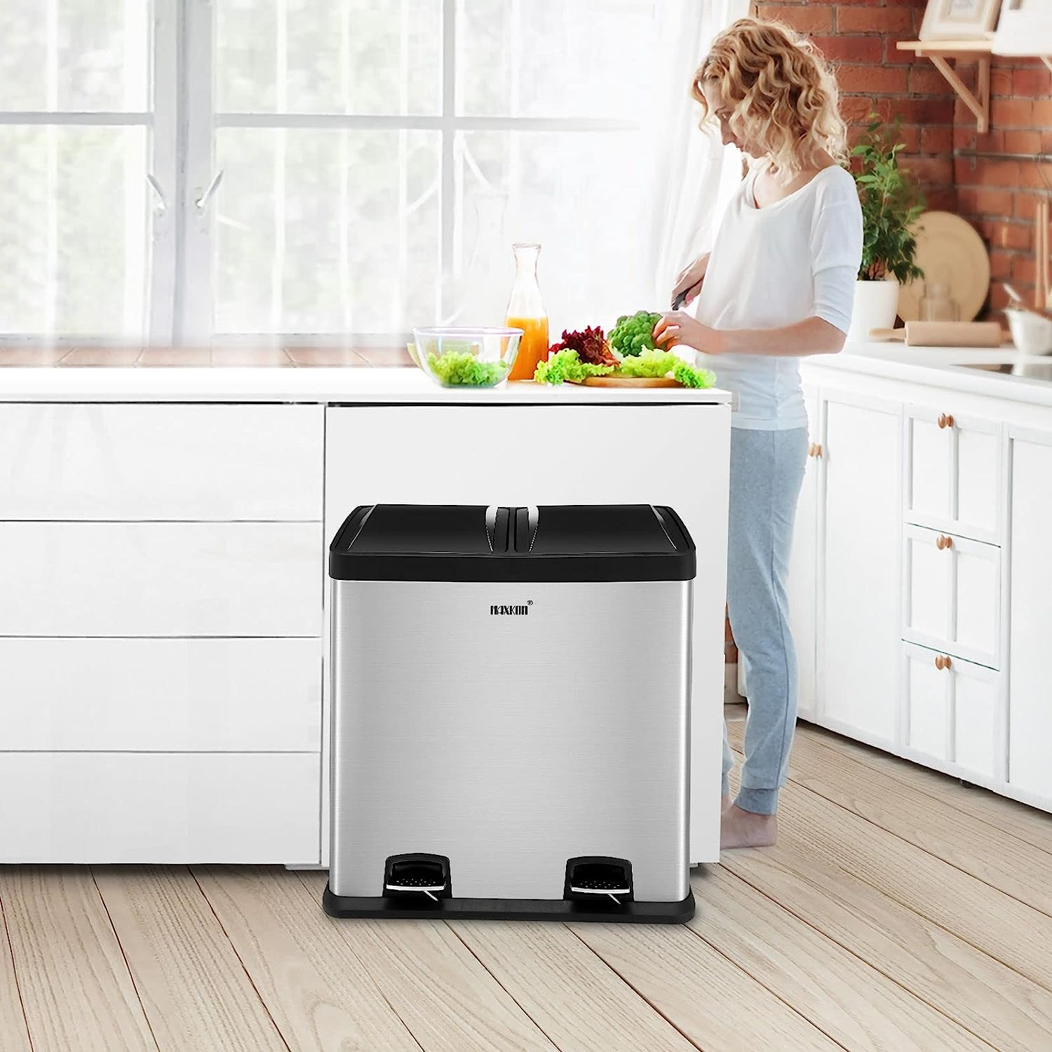 Maxkon 60L Foot Pedal Trash Bin Dual Kitchen Rubbish Bin Step Recycle Garage Can with Plastic Flip-Top Lids & Removable Inner Bucket Matte Finish Stainless Steel Silver - Sliver-54 Pedal image number 5