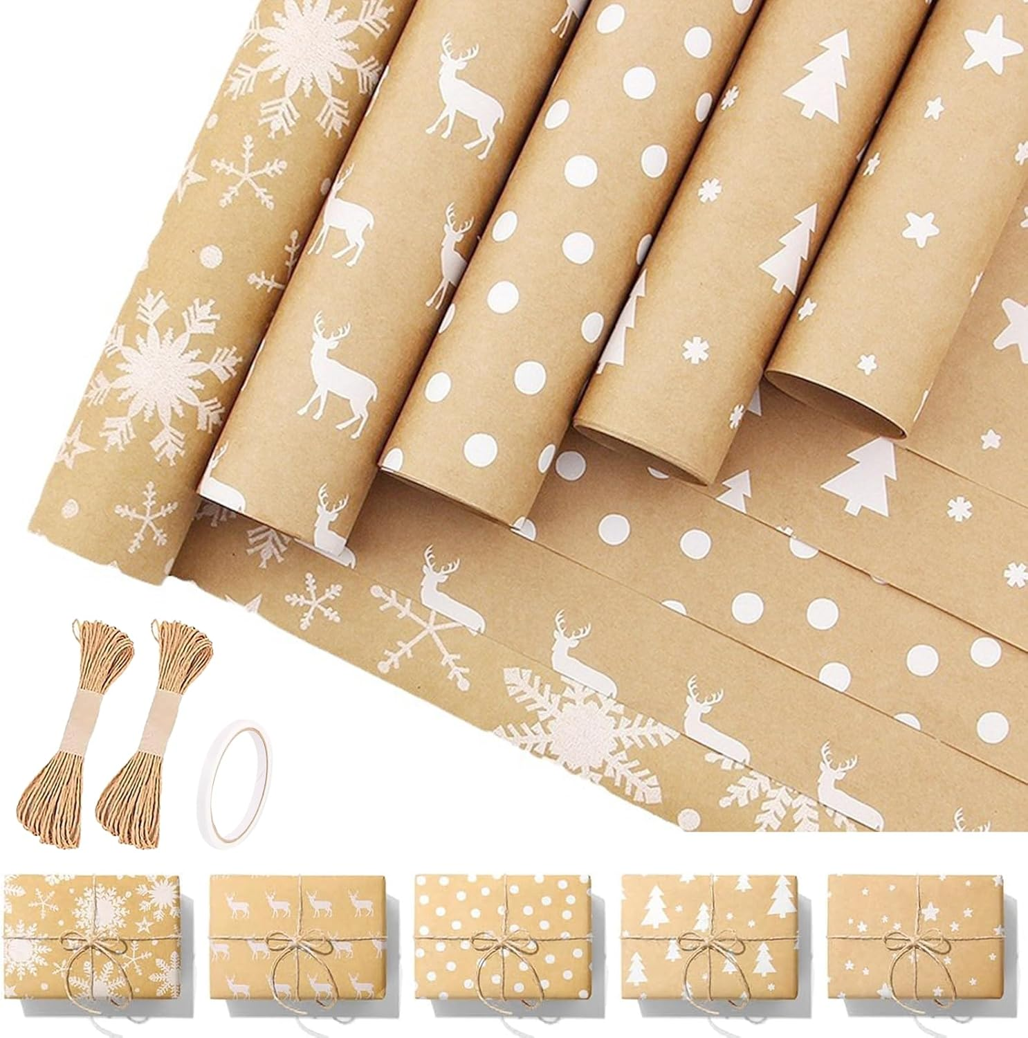 Christmas Wrapping Paper Rolls, 5 Rolls 44Cm X 300Cm, Brown Kraft Paper with Snowflake, Elk, and Xmas Tree Designs for Christmas, Party, and Festive Decorations image number 3