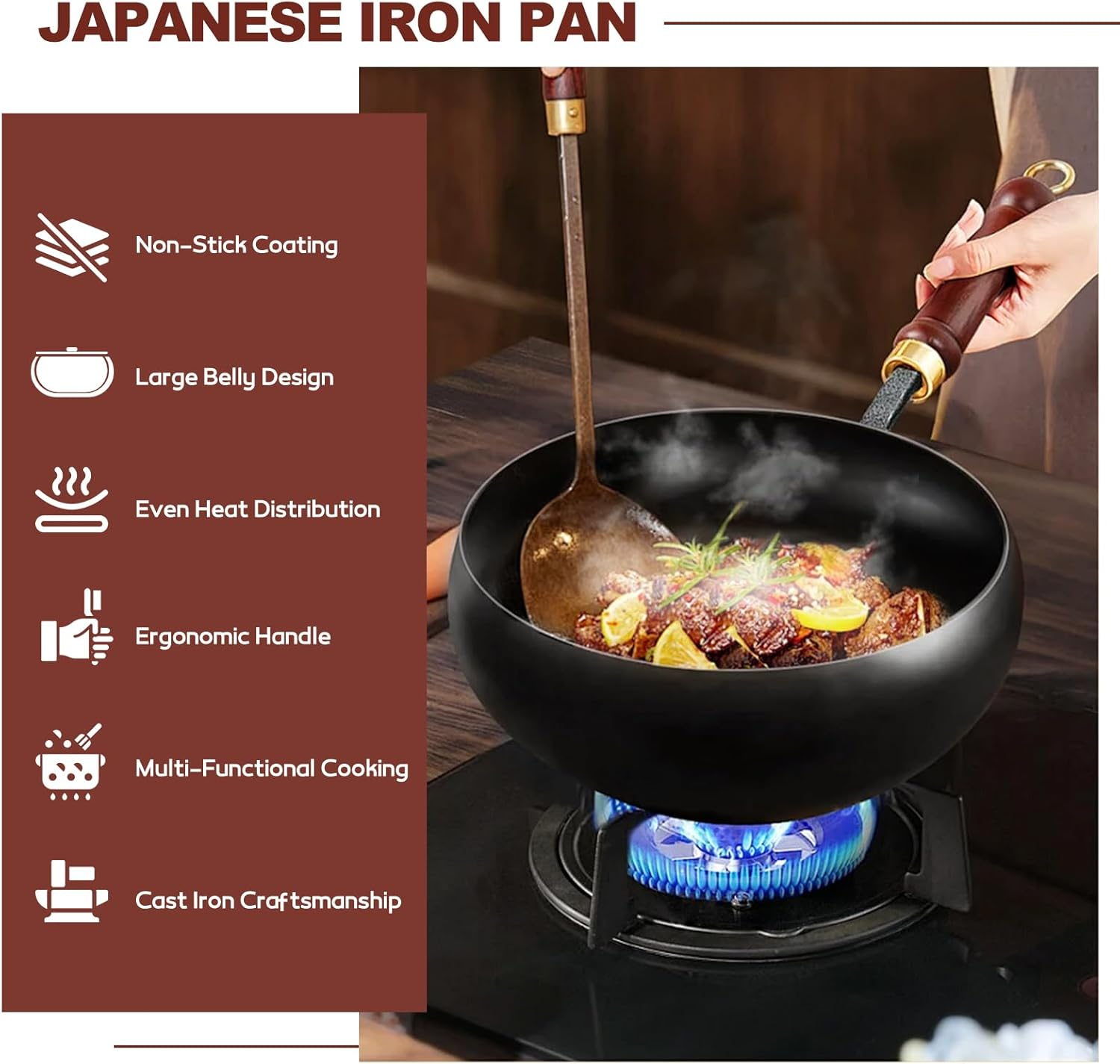 Suntuup Japanese Iron Pan, 28Cm Cast Iron Wok, with Spatula, 2 Covers to Choose From, for Pots on Electric Stoves/Induction Cookers/Gas Stoves (Glass Lid) image number 5
