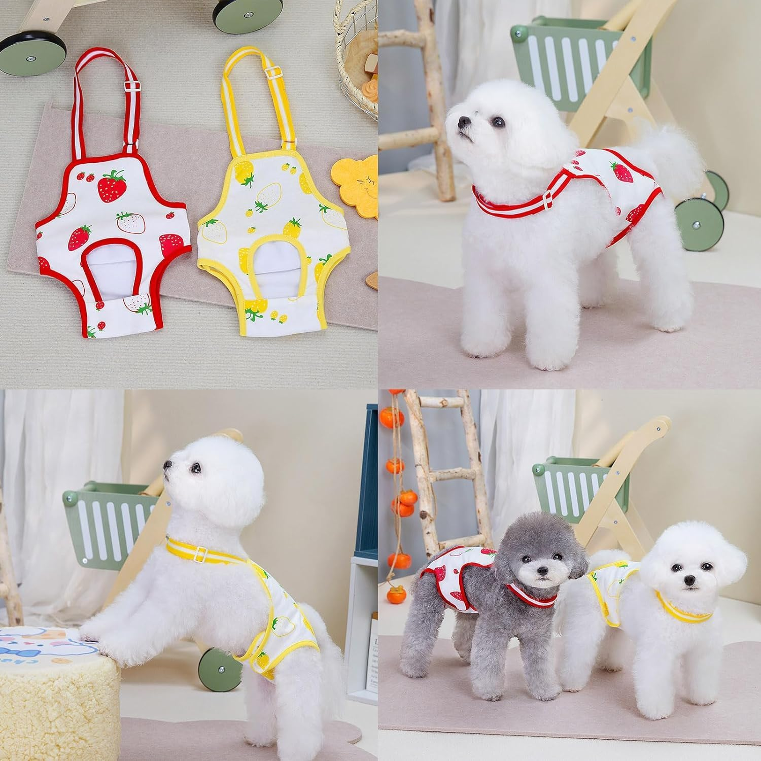 Cute Pet Sanitary Pantie with Adjustable Suspender Washable Reusable Puppy Cute Pet Underwear Diaper Jumpsuits for (S, Yellow Strawberry) image number 1