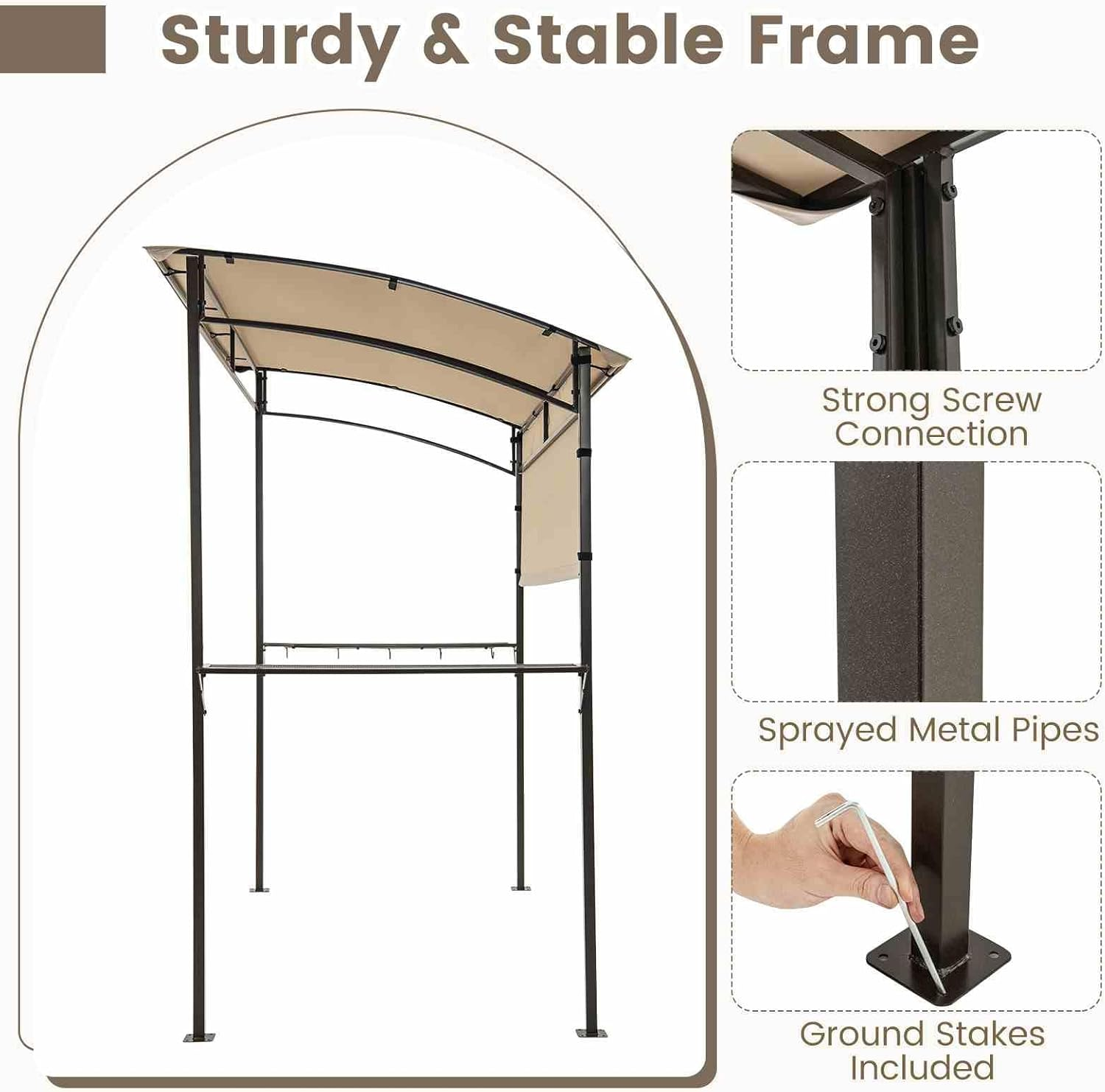 Costway 238 X 134 Cm Grill Gazebo, Outdoor Patio BBQ Canopy W/Steel Shelves, Hooks, Bottle Openers, Extra Shadow, Soft Top Barbecue Picnic Tent Shelter for Backyard Deck Garden Lawn, Sun-Protective image number 3